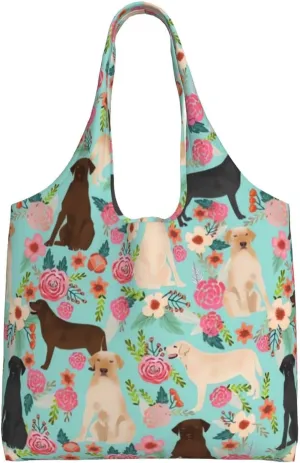 Boxer Dogs Rose Flower Floral Canvas Tote Bags For Grocery Shopping Reusable Cloth Bags Soft Shoulder Bag