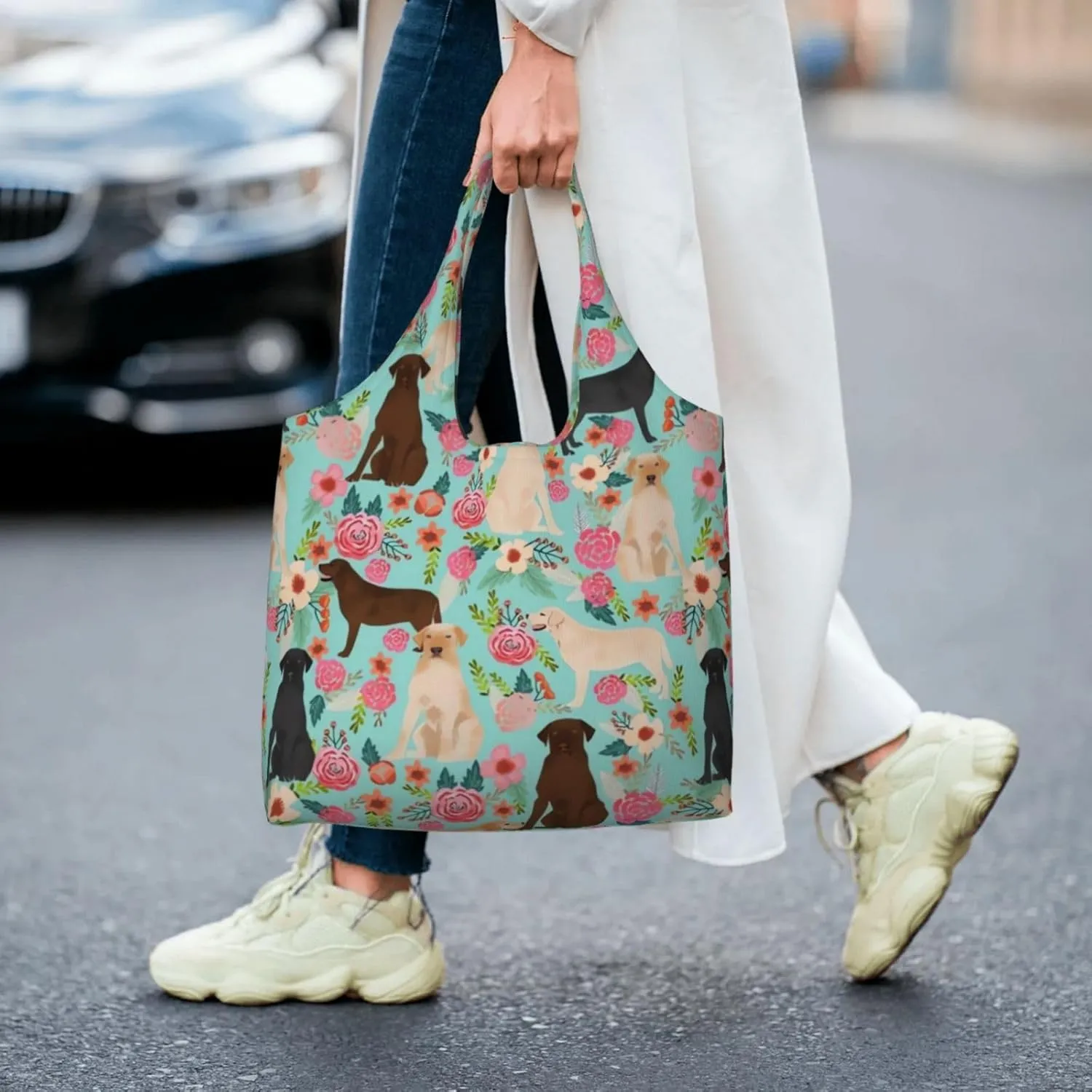 Boxer Dogs Rose Flower Floral Canvas Tote Bags For Grocery Shopping Reusable Cloth Bags Soft Shoulder Bag