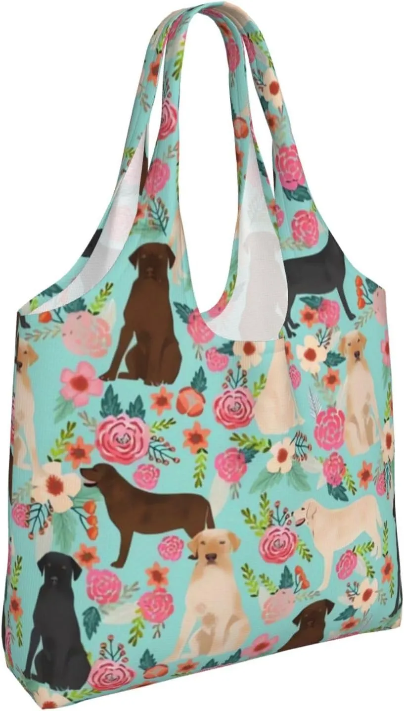 Boxer Dogs Rose Flower Floral Canvas Tote Bags For Grocery Shopping Reusable Cloth Bags Soft Shoulder Bag
