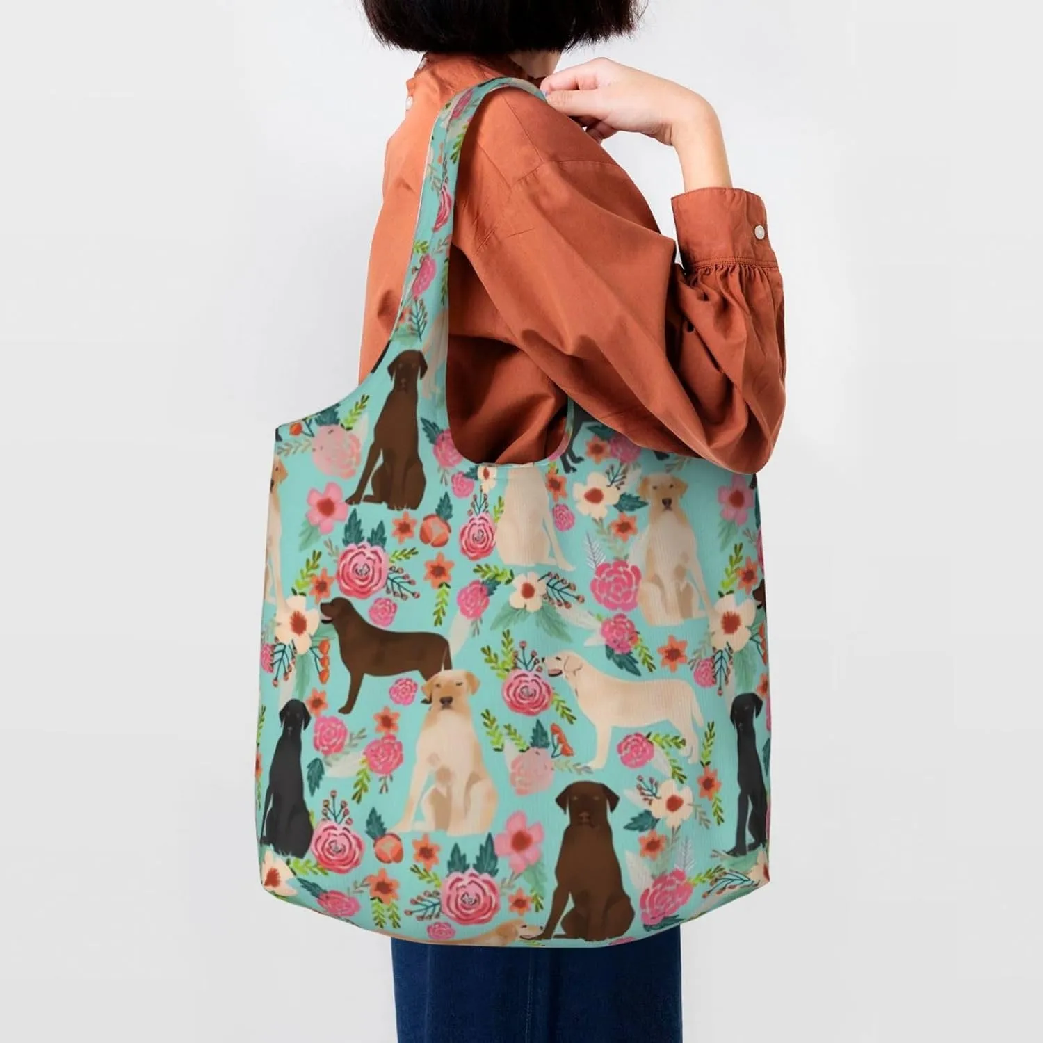 Boxer Dogs Rose Flower Floral Canvas Tote Bags For Grocery Shopping Reusable Cloth Bags Soft Shoulder Bag