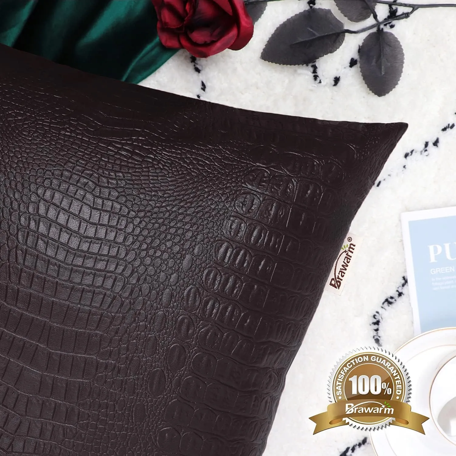 BRAWARM Faux Leather Pillow Covers 22 X 22 Inches, Brown Leather Pillow Covers Pack of 2, Crocodile Leather Decorative Throw Pillows for Living Room Couch Bed Sofa Home