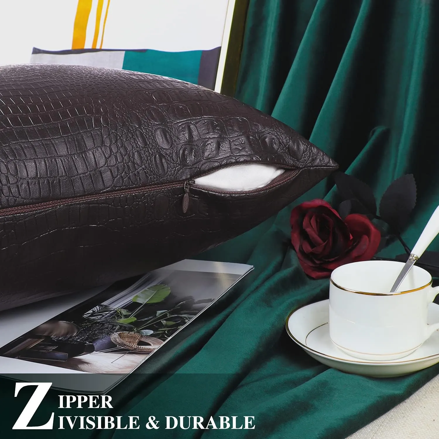 BRAWARM Faux Leather Pillow Covers 22 X 22 Inches, Brown Leather Pillow Covers Pack of 2, Crocodile Leather Decorative Throw Pillows for Living Room Couch Bed Sofa Home