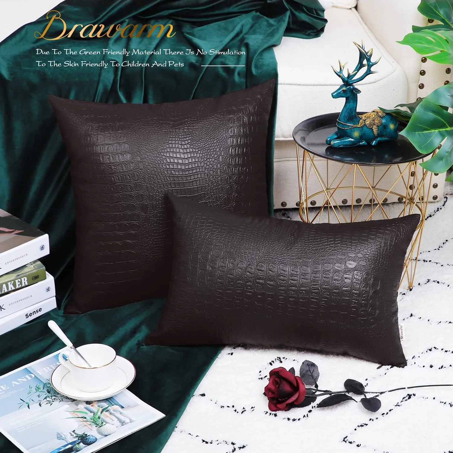 BRAWARM Faux Leather Pillow Covers 22 X 22 Inches, Brown Leather Pillow Covers Pack of 2, Crocodile Leather Decorative Throw Pillows for Living Room Couch Bed Sofa Home