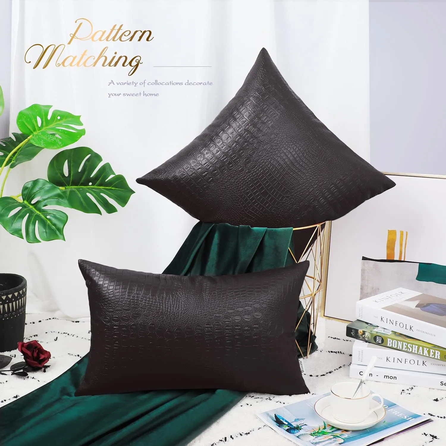 BRAWARM Faux Leather Pillow Covers 22 X 22 Inches, Brown Leather Pillow Covers Pack of 2, Crocodile Leather Decorative Throw Pillows for Living Room Couch Bed Sofa Home