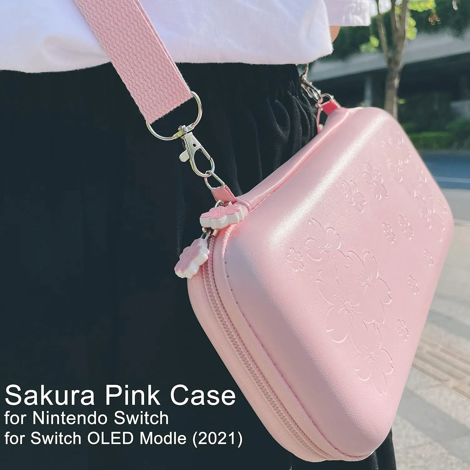 BRHE Cute Travel Carrying Case for Nintendo Switch / Switch OLED Accessories Kit with Hard Protective Cover, Glass Screen Protector, Ultra-Thin Adjustable Stand and Thumb Grip Caps 10 in 1 (OLED Pink)