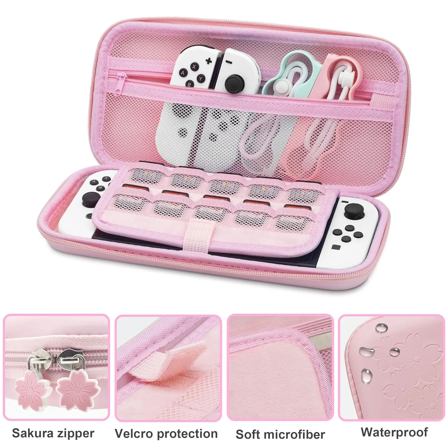 BRHE Cute Travel Carrying Case for Nintendo Switch / Switch OLED Accessories Kit with Hard Protective Cover, Glass Screen Protector, Ultra-Thin Adjustable Stand and Thumb Grip Caps 10 in 1 (OLED Pink)