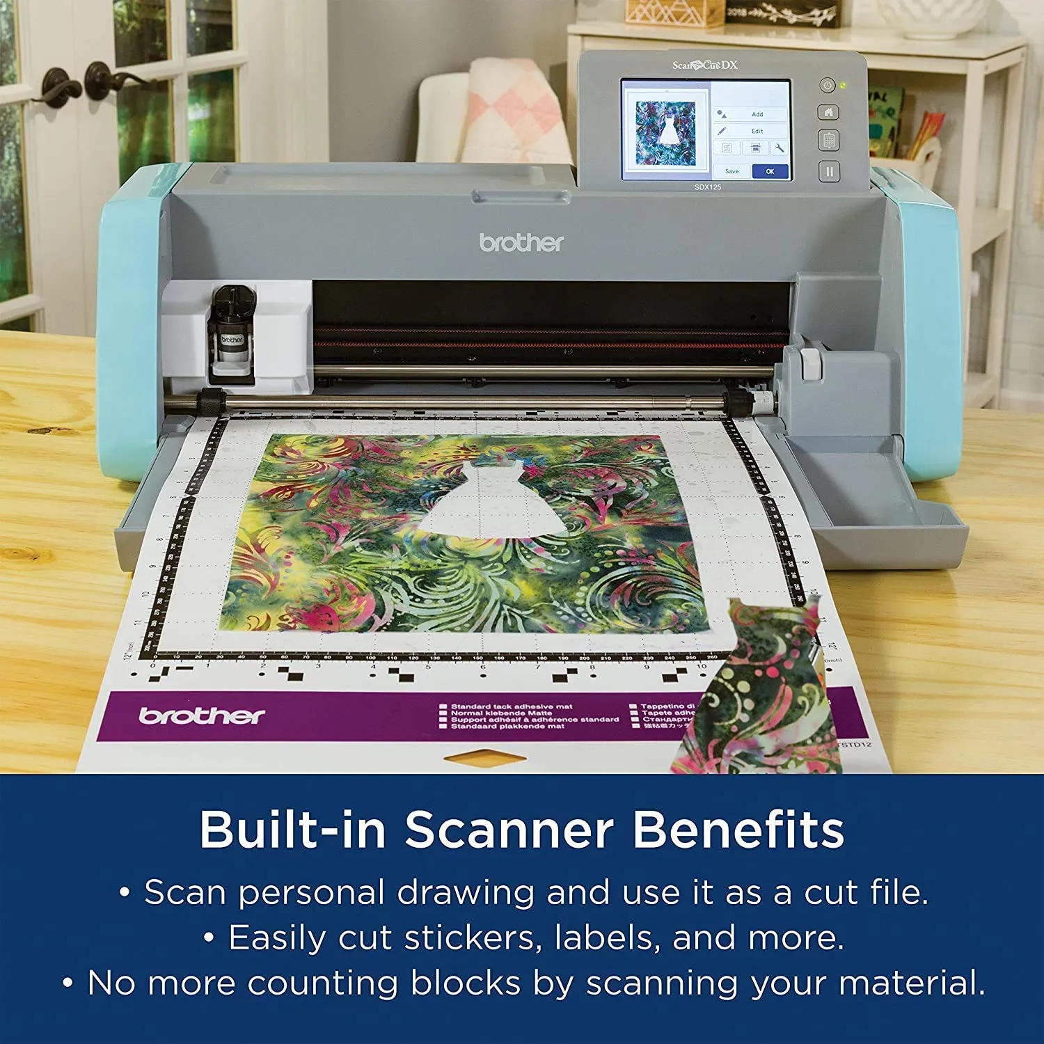 Brother ScanNCut SDX125E Electronic DIY Cutting Machine with Scanner, Make Custom Stickers, Vinyl Wall Art, Greeting Cards and More with 682 Included Patterns,Titanium/Aqua