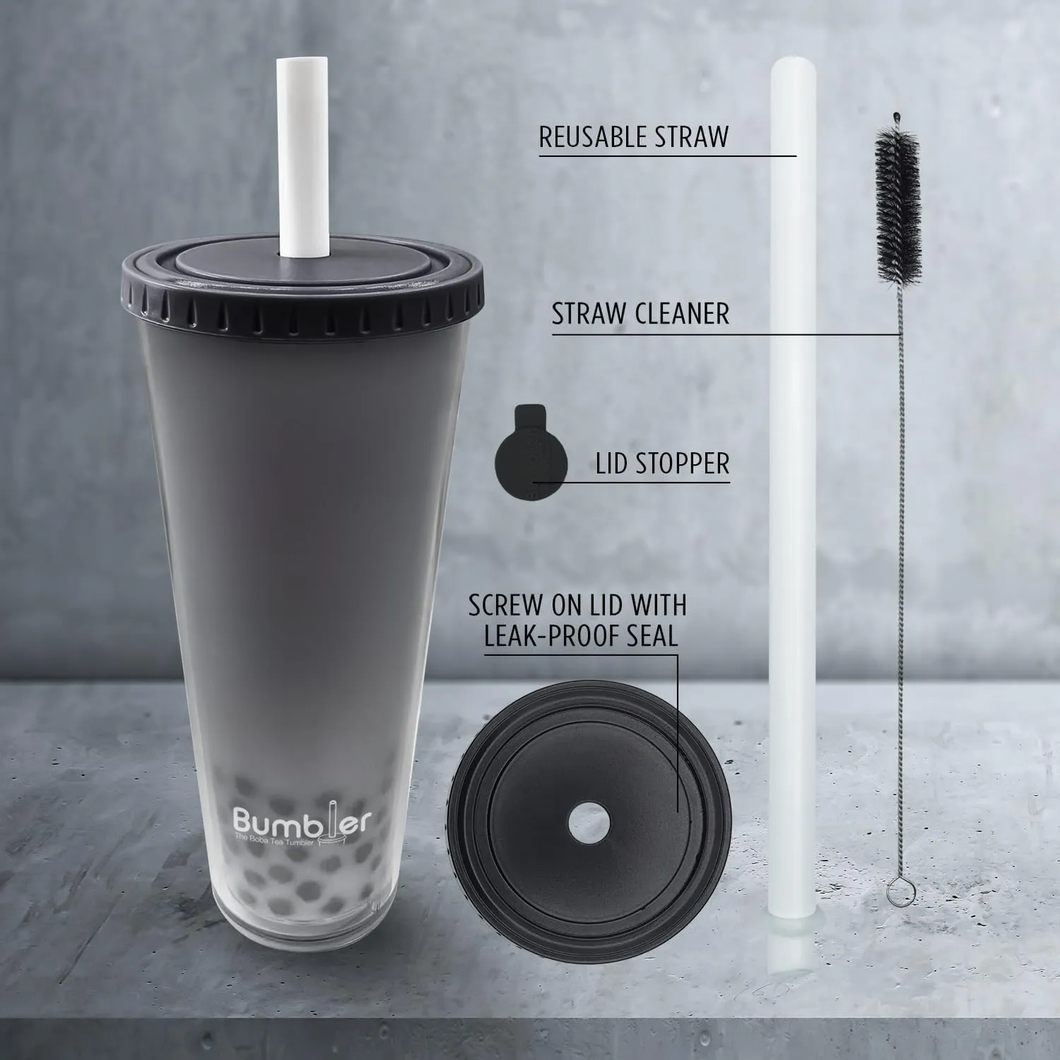Bumbler 24oz Large Reusable Portable Eco-Friendly Tumbler | Drinking Cup with Wide Soft Tip Straw, Aesthetic Leak-Proof Lid – for Boba Tea, Smoothies, Iced Coffee, Hot or Cold Drinks – Black