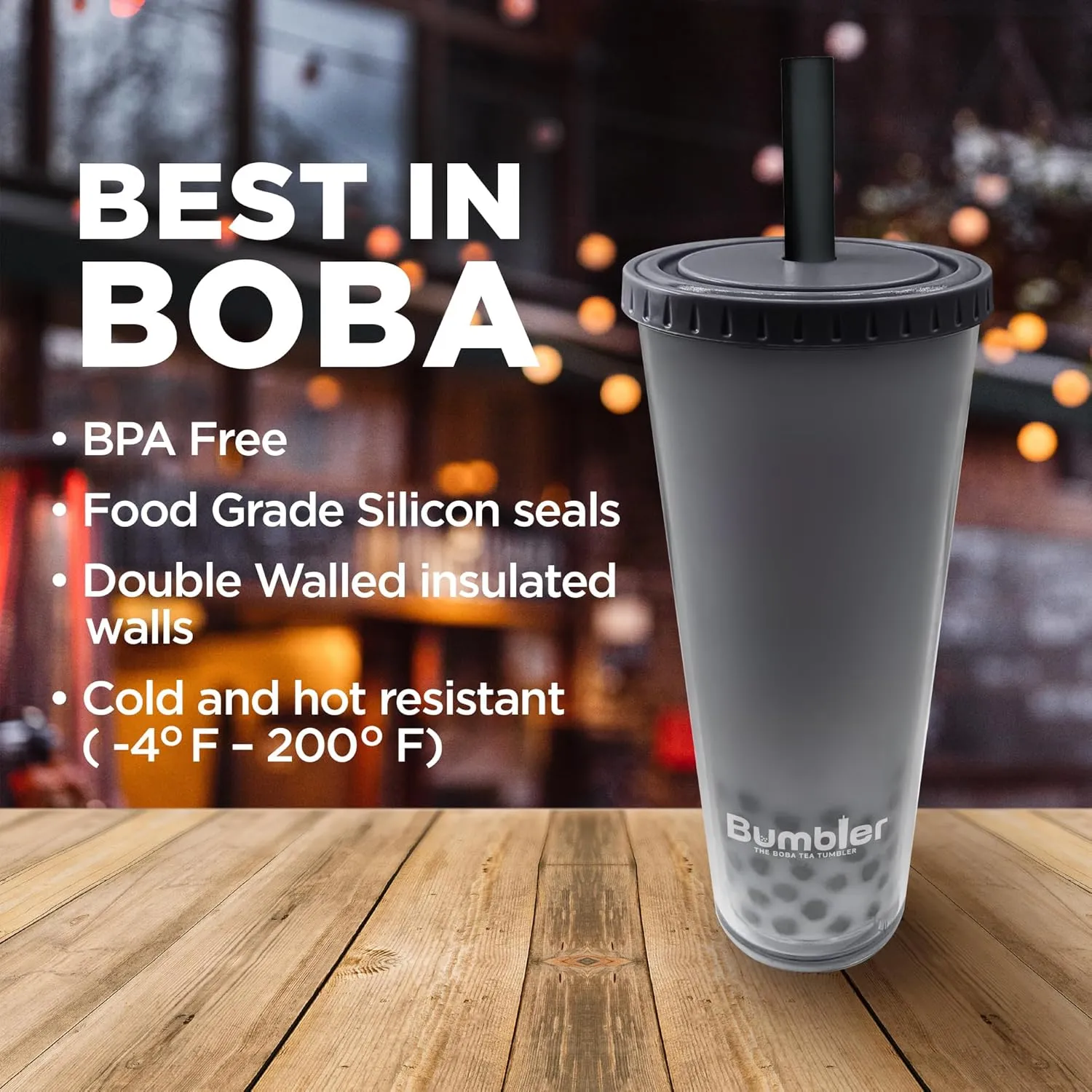 Bumbler 24oz Large Reusable Portable Eco-Friendly Tumbler | Drinking Cup with Wide Soft Tip Straw, Aesthetic Leak-Proof Lid – for Boba Tea, Smoothies, Iced Coffee, Hot or Cold Drinks – Black