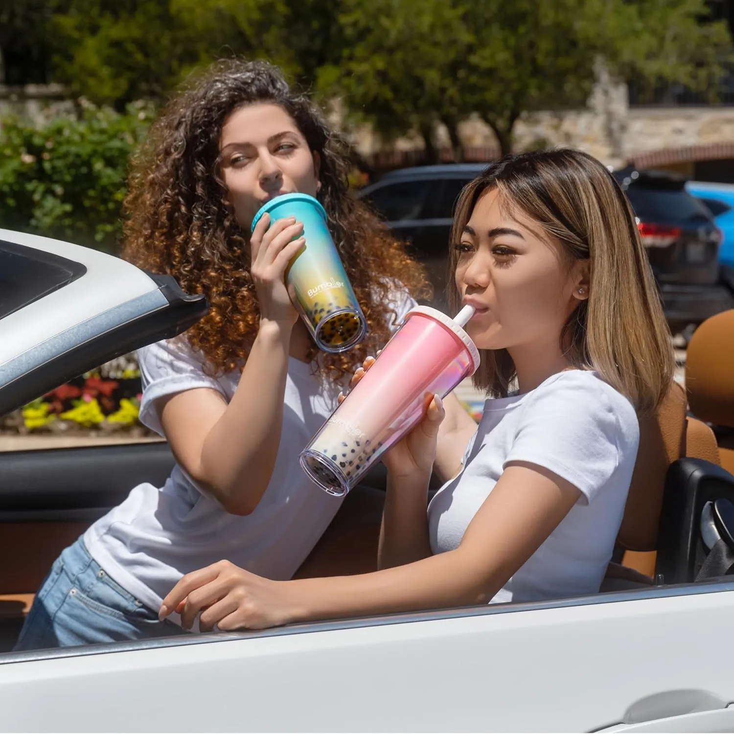 Bumbler 24oz Large Reusable Portable Eco-Friendly Tumbler | Drinking Cup with Wide Soft Tip Straw, Aesthetic Leak-Proof Lid – for Boba Tea, Smoothies, Iced Coffee, Hot or Cold Drinks – White