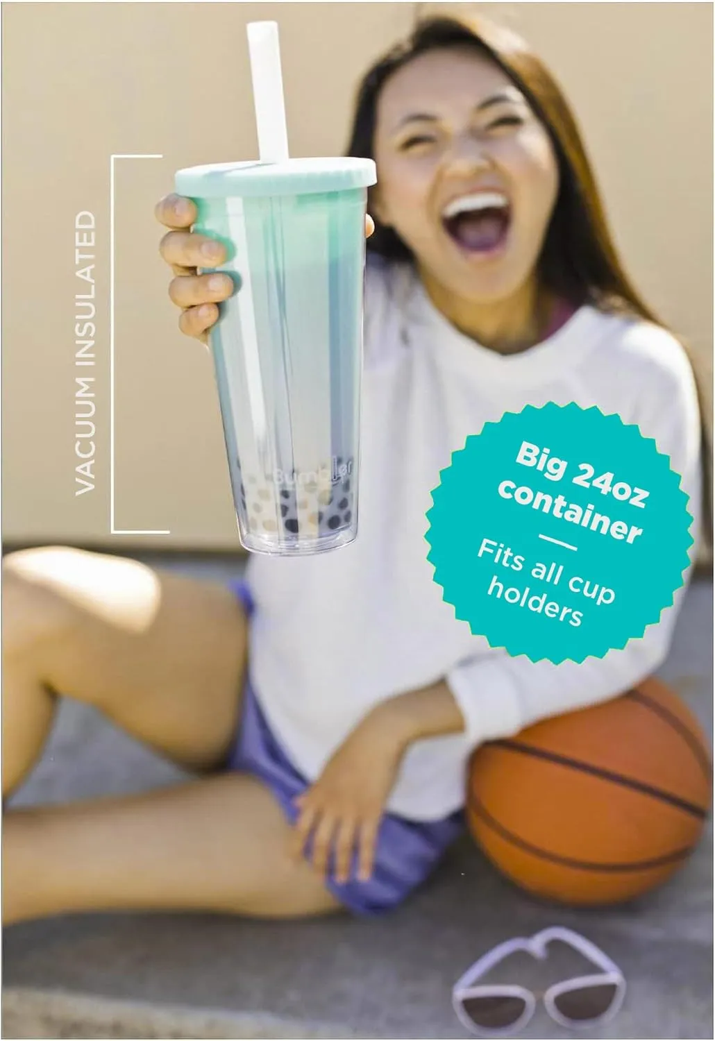 Bumbler 24oz Large Reusable Portable Eco-Friendly Tumbler | Drinking Cup with Wide Soft Tip Straw, Aesthetic Leak-Proof Lid – for Boba Tea, Smoothies, Iced Coffee, Hot or Cold Drinks – White