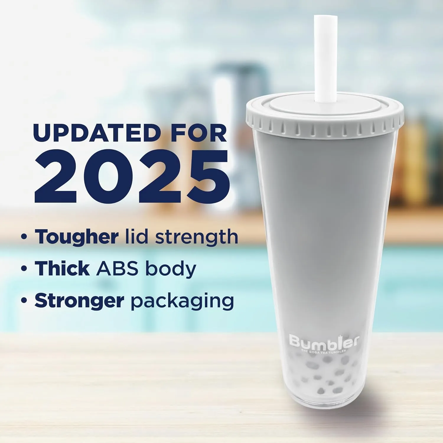 Bumbler 24oz Large Reusable Portable Eco-Friendly Tumbler | Drinking Cup with Wide Soft Tip Straw, Aesthetic Leak-Proof Lid – for Boba Tea, Smoothies, Iced Coffee, Hot or Cold Drinks – White