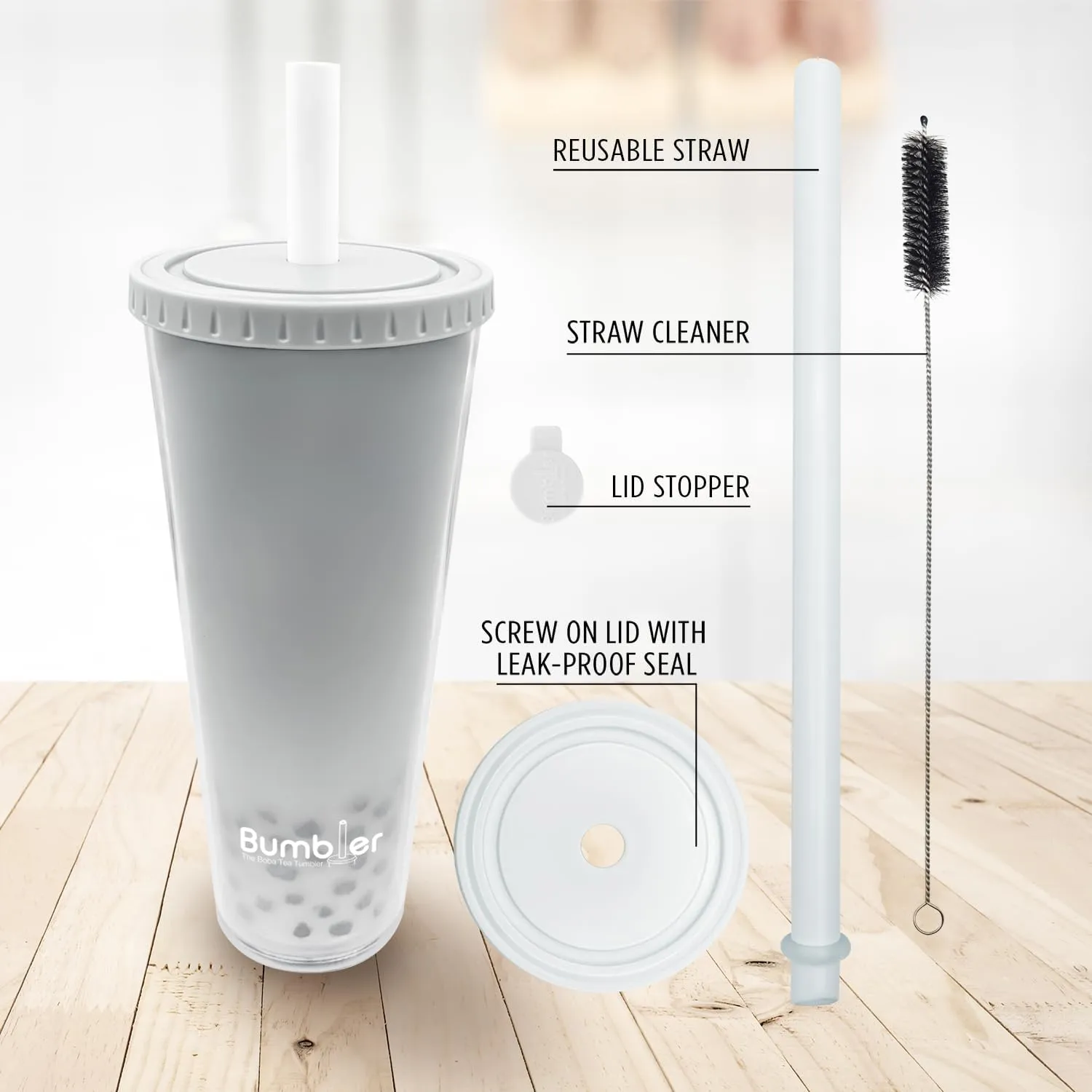 Bumbler 24oz Large Reusable Portable Eco-Friendly Tumbler | Drinking Cup with Wide Soft Tip Straw, Aesthetic Leak-Proof Lid – for Boba Tea, Smoothies, Iced Coffee, Hot or Cold Drinks – White