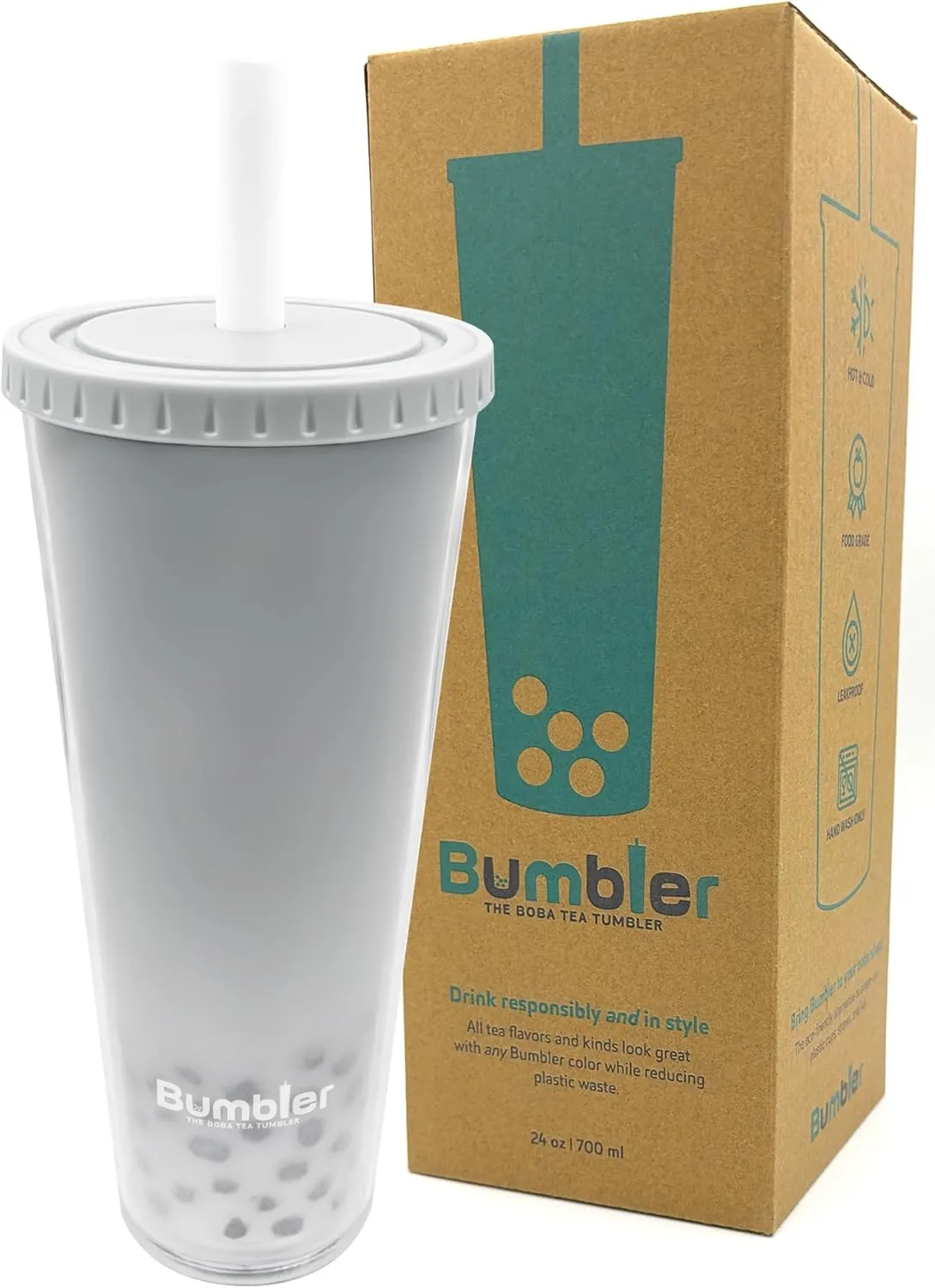 Bumbler 24oz Large Reusable Portable Eco-Friendly Tumbler | Drinking Cup with Wide Soft Tip Straw, Aesthetic Leak-Proof Lid – for Boba Tea, Smoothies, Iced Coffee, Hot or Cold Drinks – White