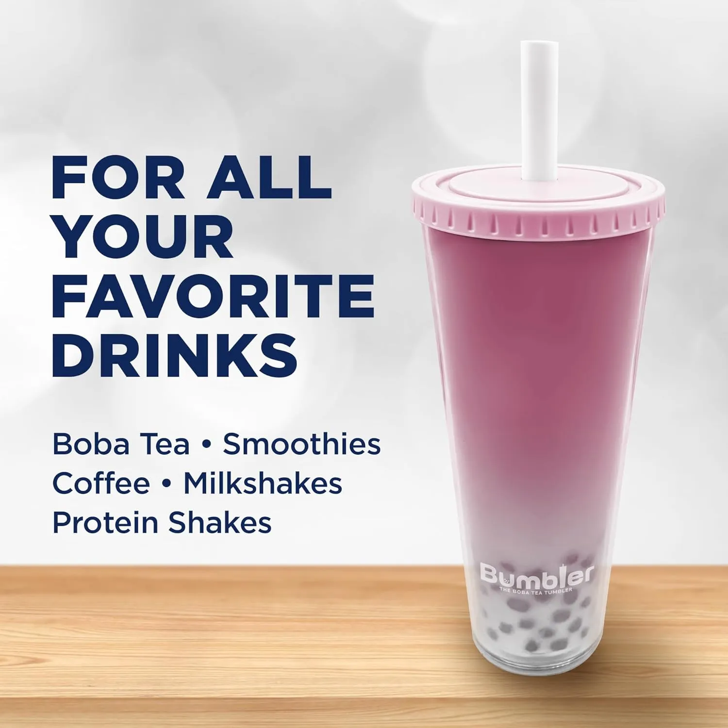 Bumbler 24oz Large Reusable Portable Eco-Friendly Tumbler | Drinking Cup with Wide Soft Tip Straw, Aesthetic Leak-Proof Lid – for Boba Tea, Smoothies, Iced Coffee, Hot or Cold Drinks – White