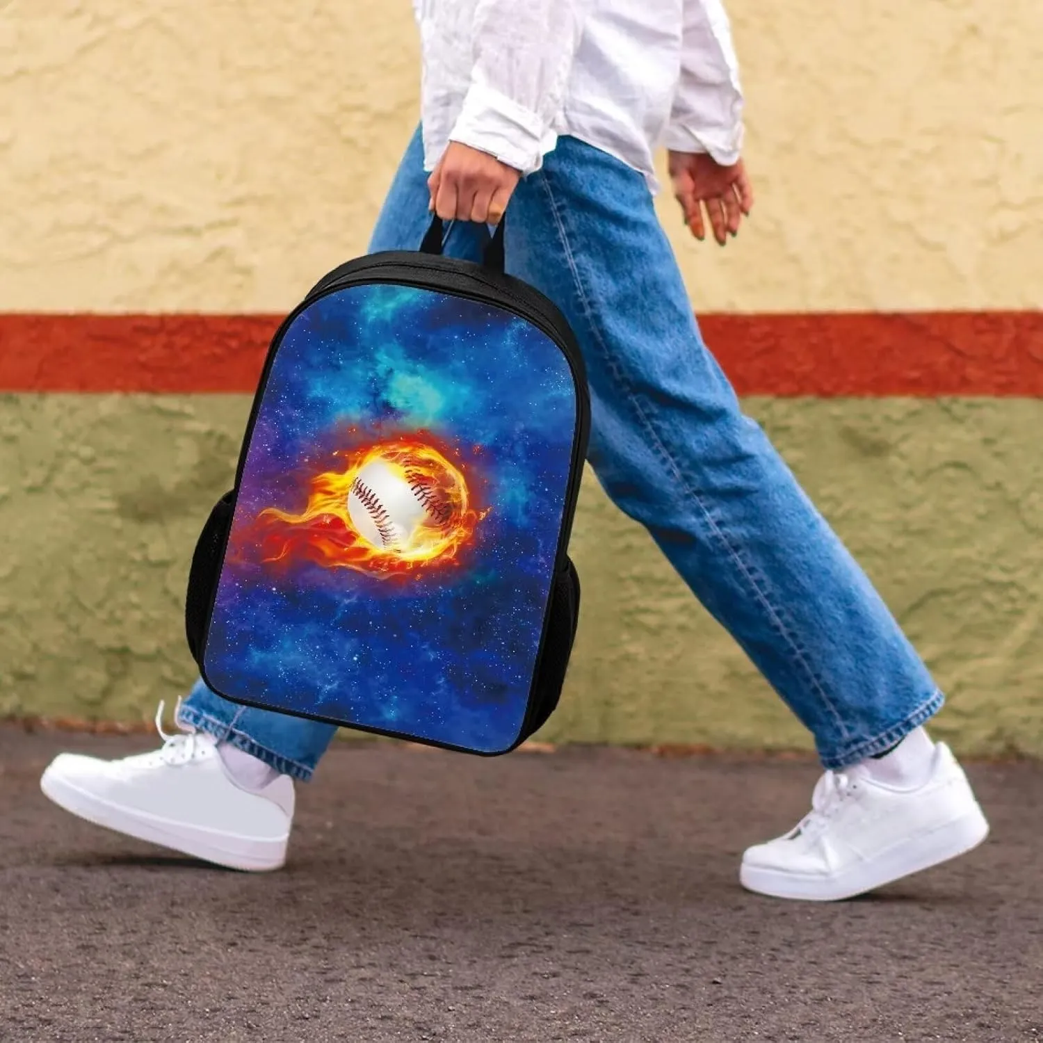 Burning Baseball Printed Bookbag College Luggage Bag Laptop, Galaxy Large Backpack School Business Travel Essentials Elementary Kids Middle Hight School Bookbags Daypack