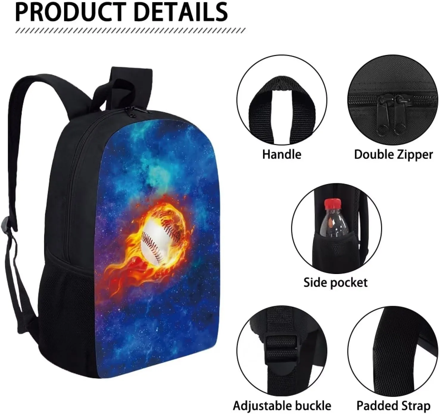 Burning Baseball Printed Bookbag College Luggage Bag Laptop, Galaxy Large Backpack School Business Travel Essentials Elementary Kids Middle Hight School Bookbags Daypack