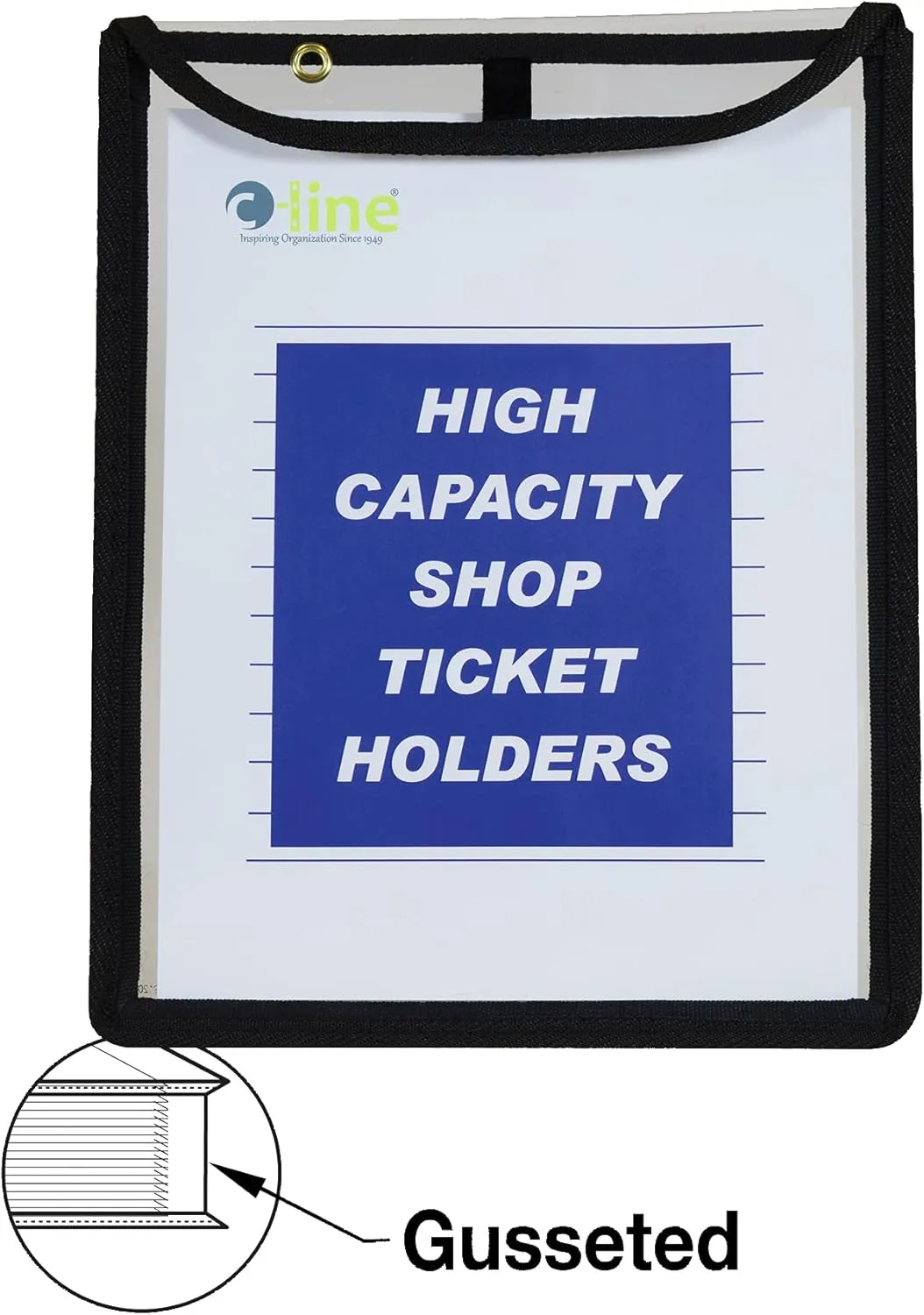 C-Line High Capacity Stitched Shop Ticket Holders, Gusseted with Flap Closure, Both Sides Clear, 9 x 12 x 1, Black, 15 per Box (39912)