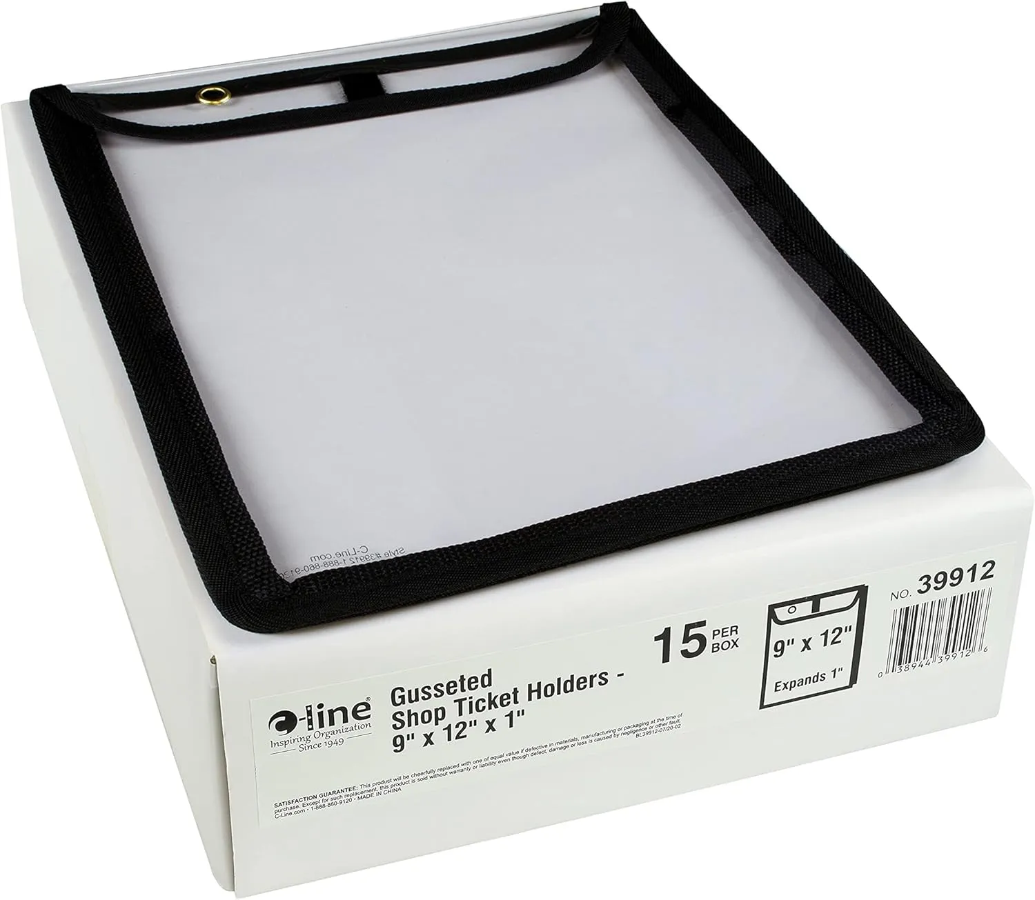 C-Line High Capacity Stitched Shop Ticket Holders, Gusseted with Flap Closure, Both Sides Clear, 9 x 12 x 1, Black, 15 per Box (39912)