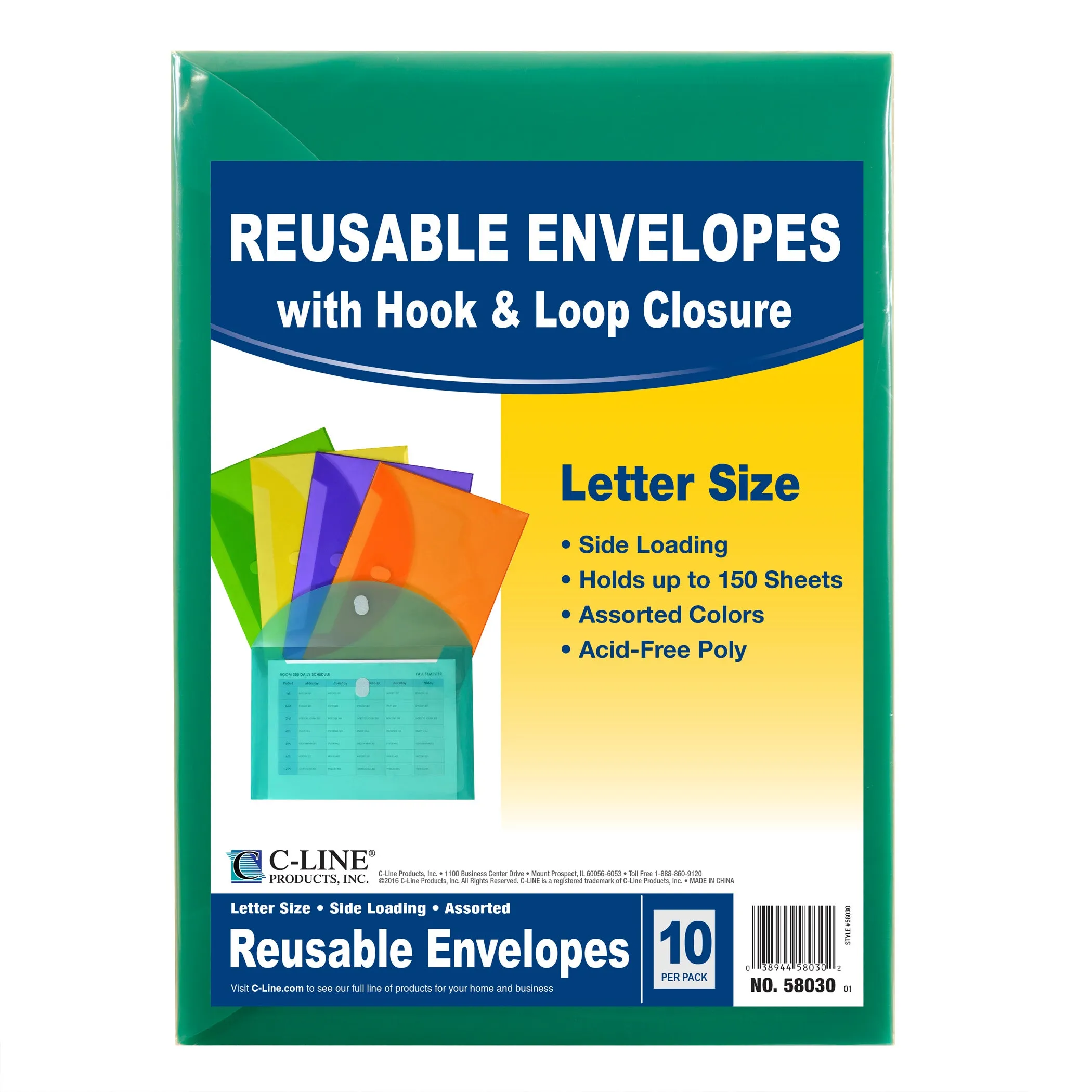 C-Line Products Reusable Envelopes with Hook & Loop Closure, 10 Pack Assorted