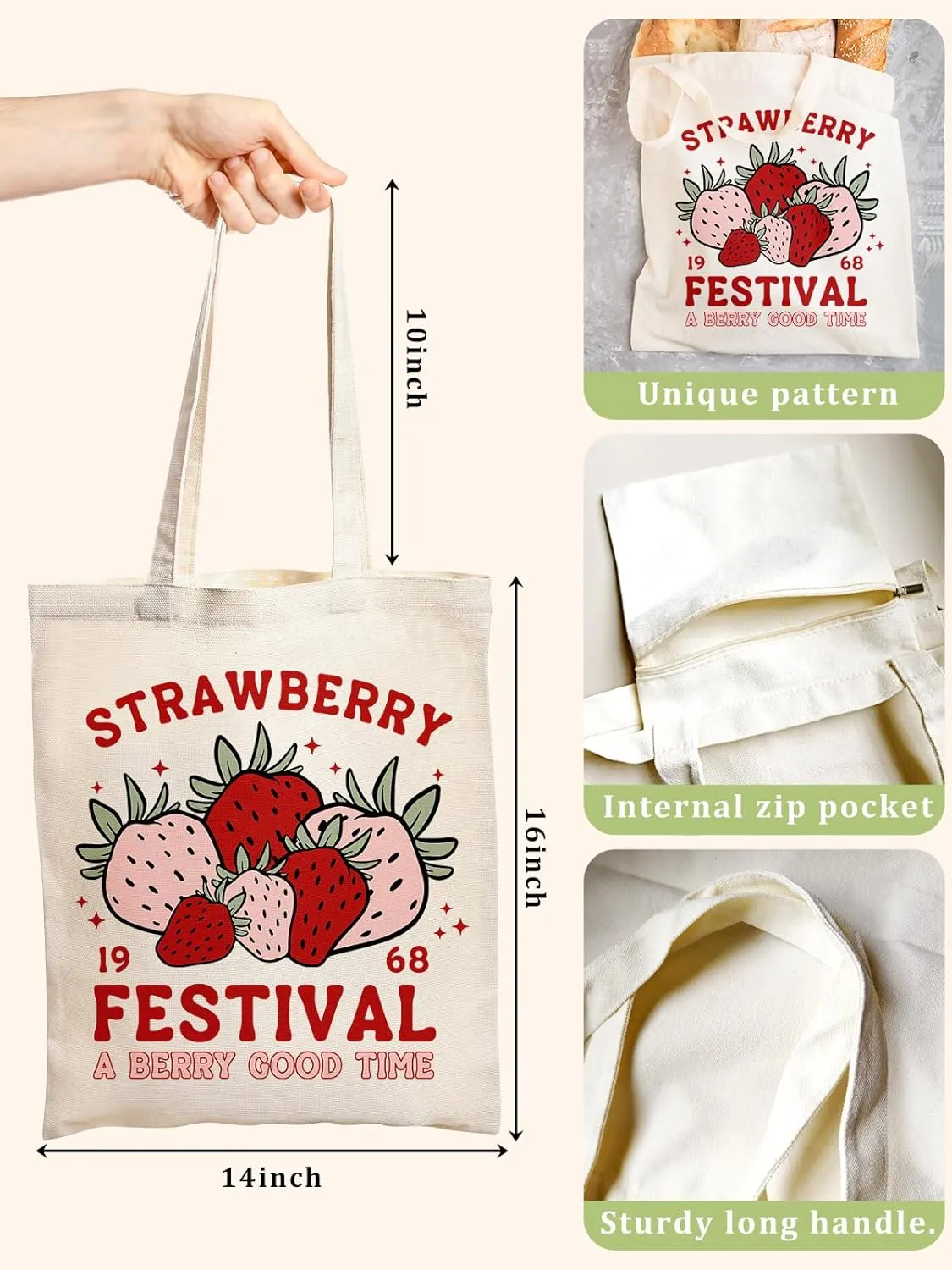 Canvas Book Tote Bag with Inner Zipper for Adults, Birthday Gift for Book Lovers