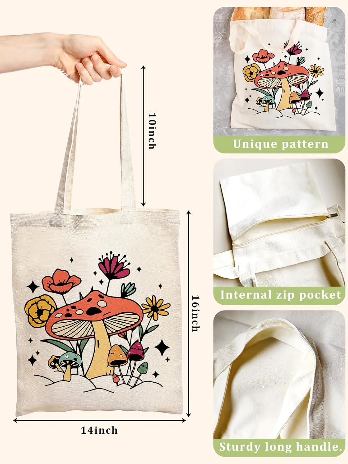Canvas Book Tote Bag with Inner Zipper for Adults, Birthday Gift for Book Lovers