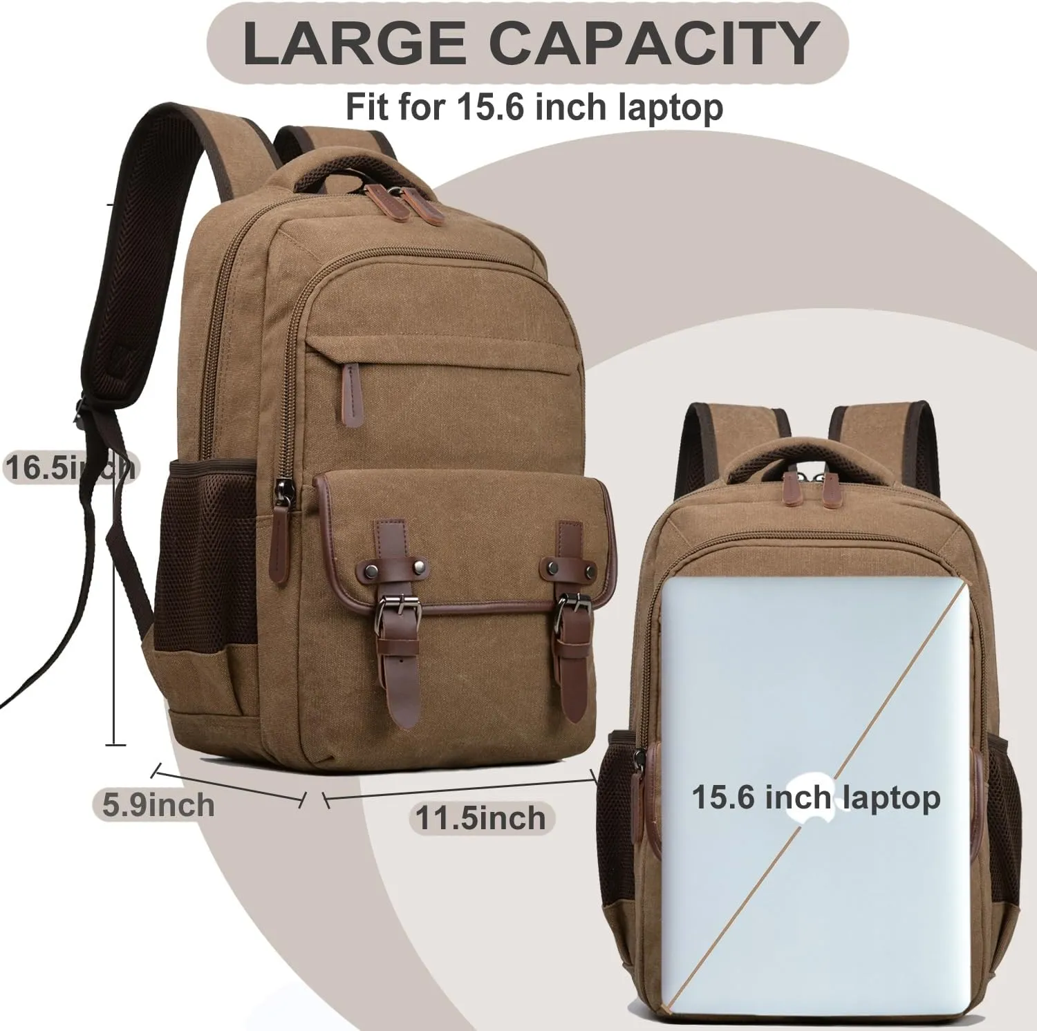 Canvas Laptop Backpack, Vintage Daypack for Men Women,Travel Work Rucksack College Bookbag Computer Bag Fits 15.6 Inch Laptop (Coffee)