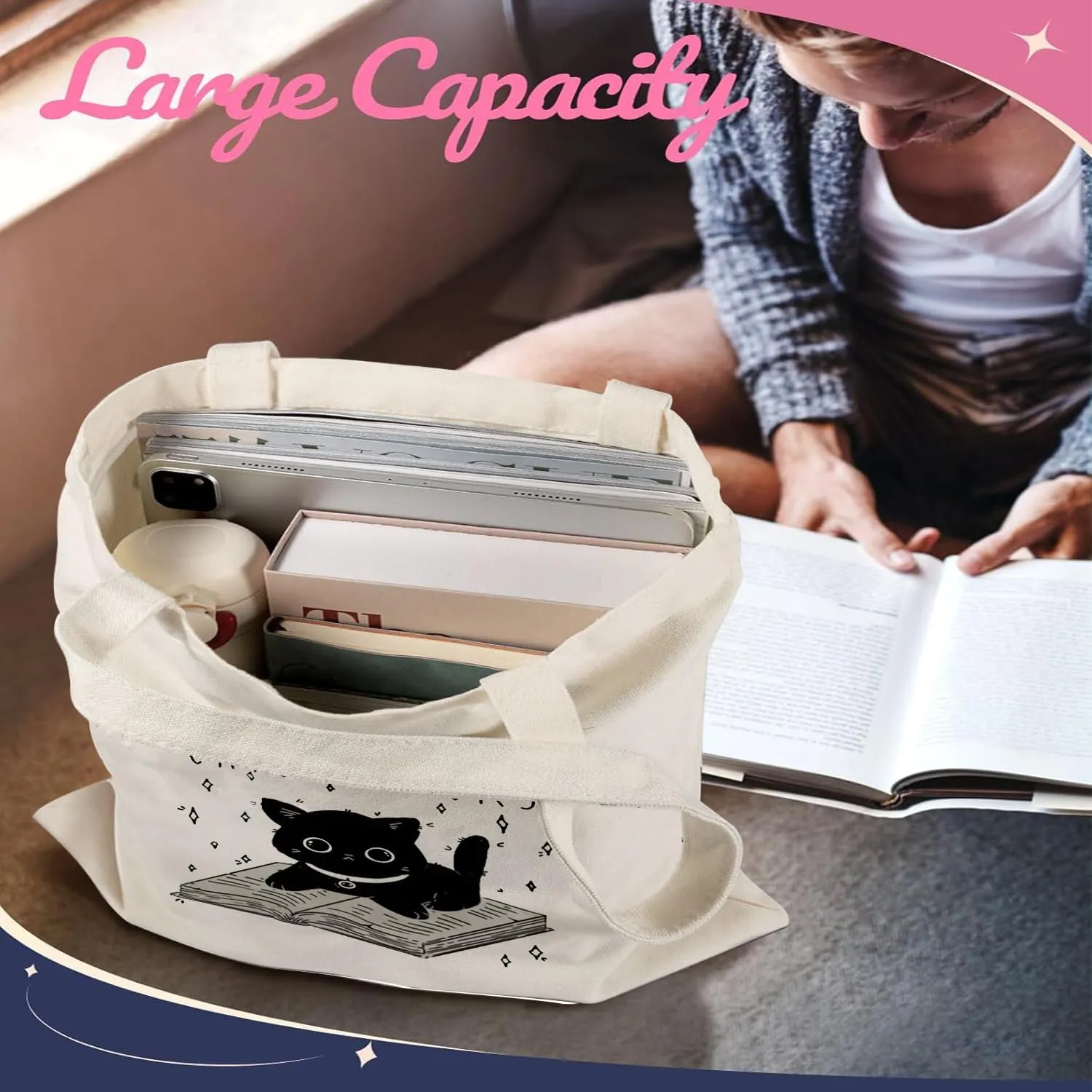 Canvas Tote Bag, Aesthetic Gifts for Women Book Shoulder Tote Bag Reusable Grocery Tote Bags with Pocket