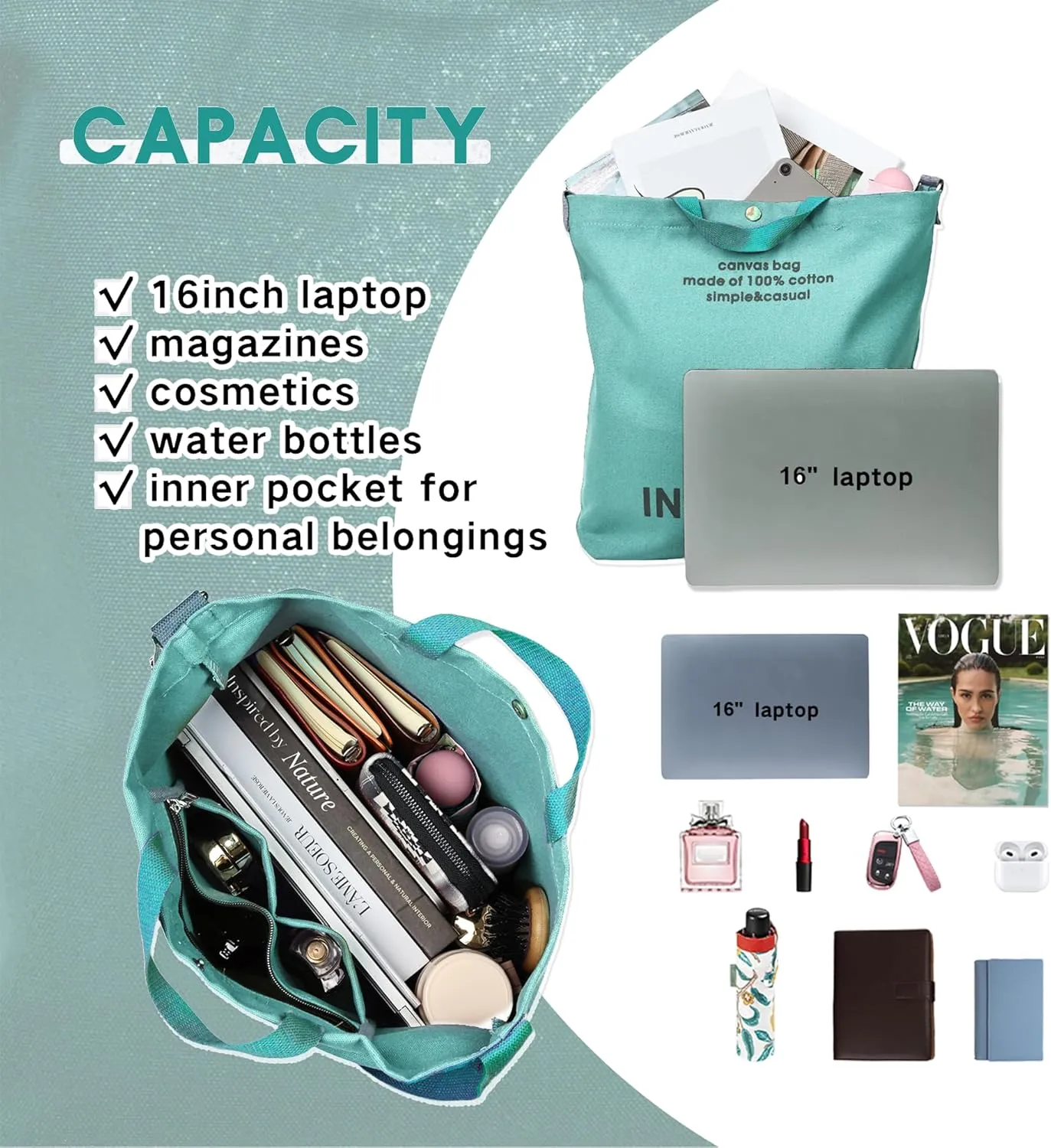 Canvas Tote Bag for Women - inside out Bag Large Canvas Crossbody Handbag Shoulder Bag for Work Travel Casual