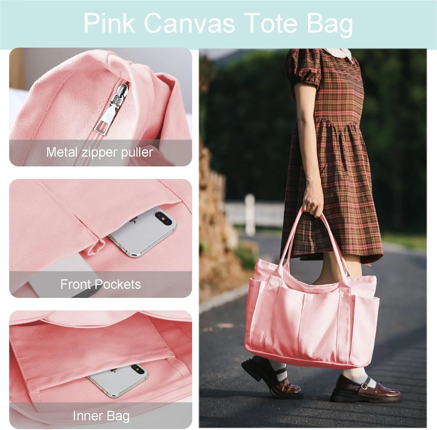 Canvas Tote Bag For Women With Pockets For Shopping Traveling Daily Commuting Beach Leisure And Fitness