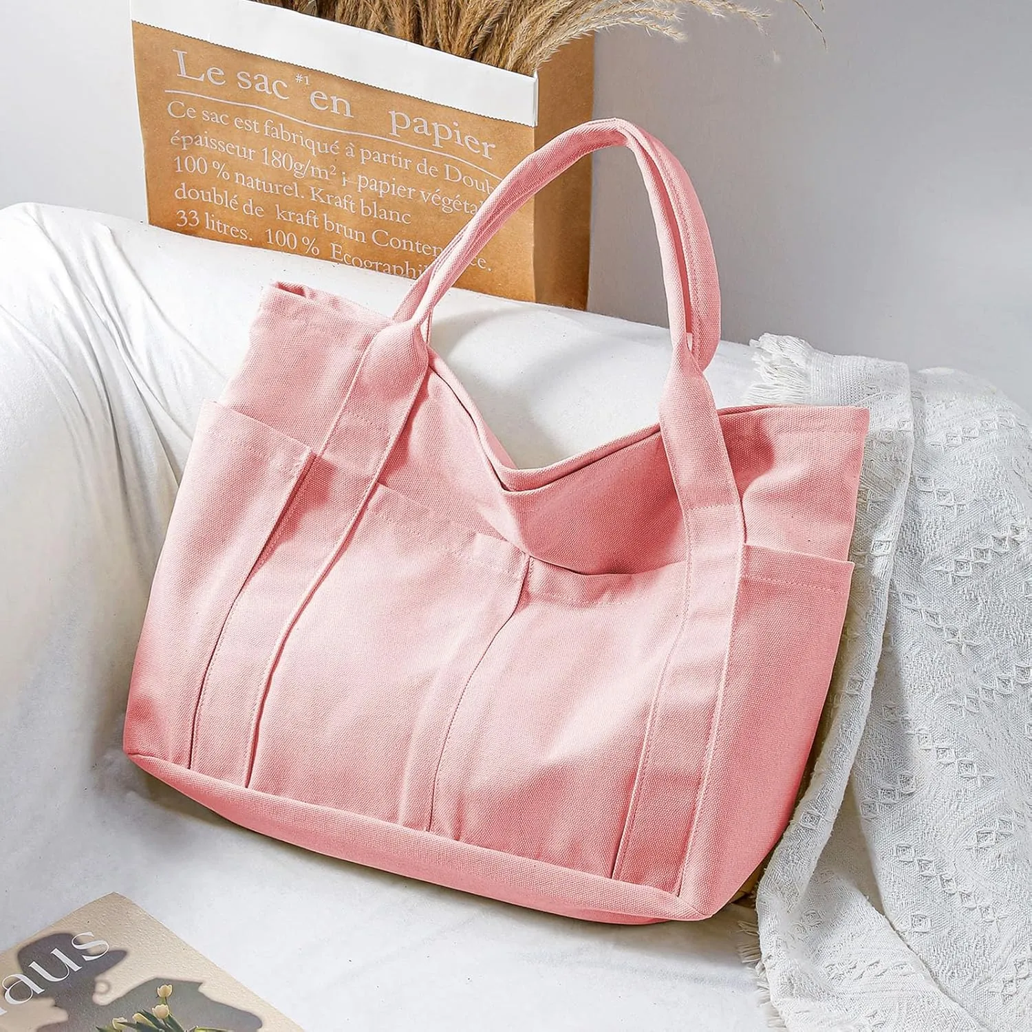 Canvas Tote Bag For Women With Pockets For Shopping Traveling Daily Commuting Beach Leisure And Fitness