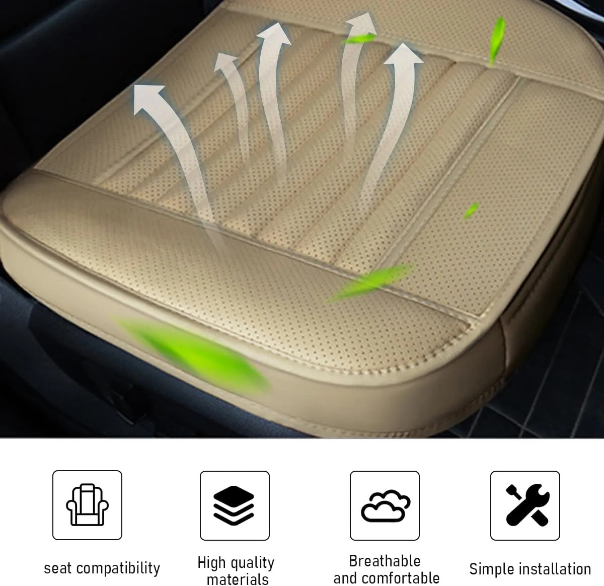 Car Front Bottom Seat Cover, PU Leather Full Wrap Bottom Seat Cushion with Storage Bag, Front Car Bottom Seat Pad Fits for 95% Vehicle, Universal Interior Car Accessories (Beige)