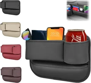 Car Leather Cup Holder Gap Bag, Car Seat Gap Storage Box with Cup Holders and Phone Charging Hole - Convenient Organizer for Cell Phone, Glasses, Keys, and Cards (Passenger Side, Classic Black)