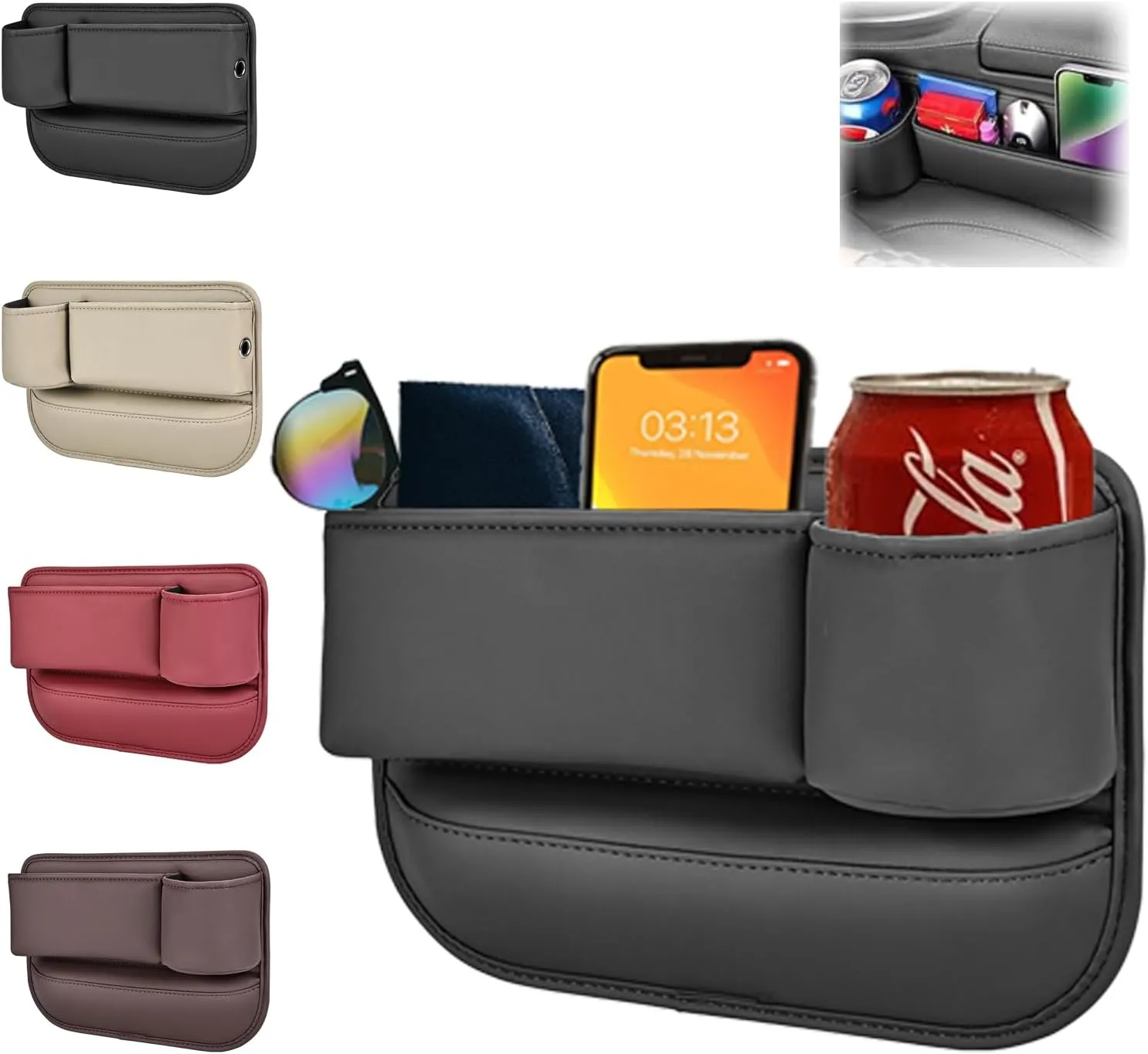 Car Leather Cup Holder Gap Bag, Car Seat Gap Storage Box with Cup Holders and Phone Charging Hole - Convenient Organizer for Cell Phone, Glasses, Keys, and Cards (Passenger Side, Classic Black)