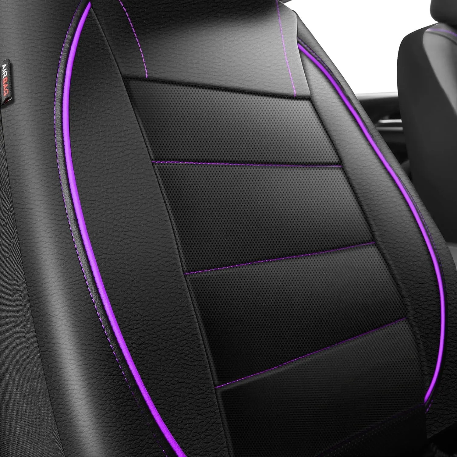 CAR PASS Universal FIT Piping Leather Two Front Seat Covers, Waterproof Faux Leather for SUV Sedan Van Truck, Airbag Compatible,Reserved Opening Holes for Headrest Covers(Black and Purple)