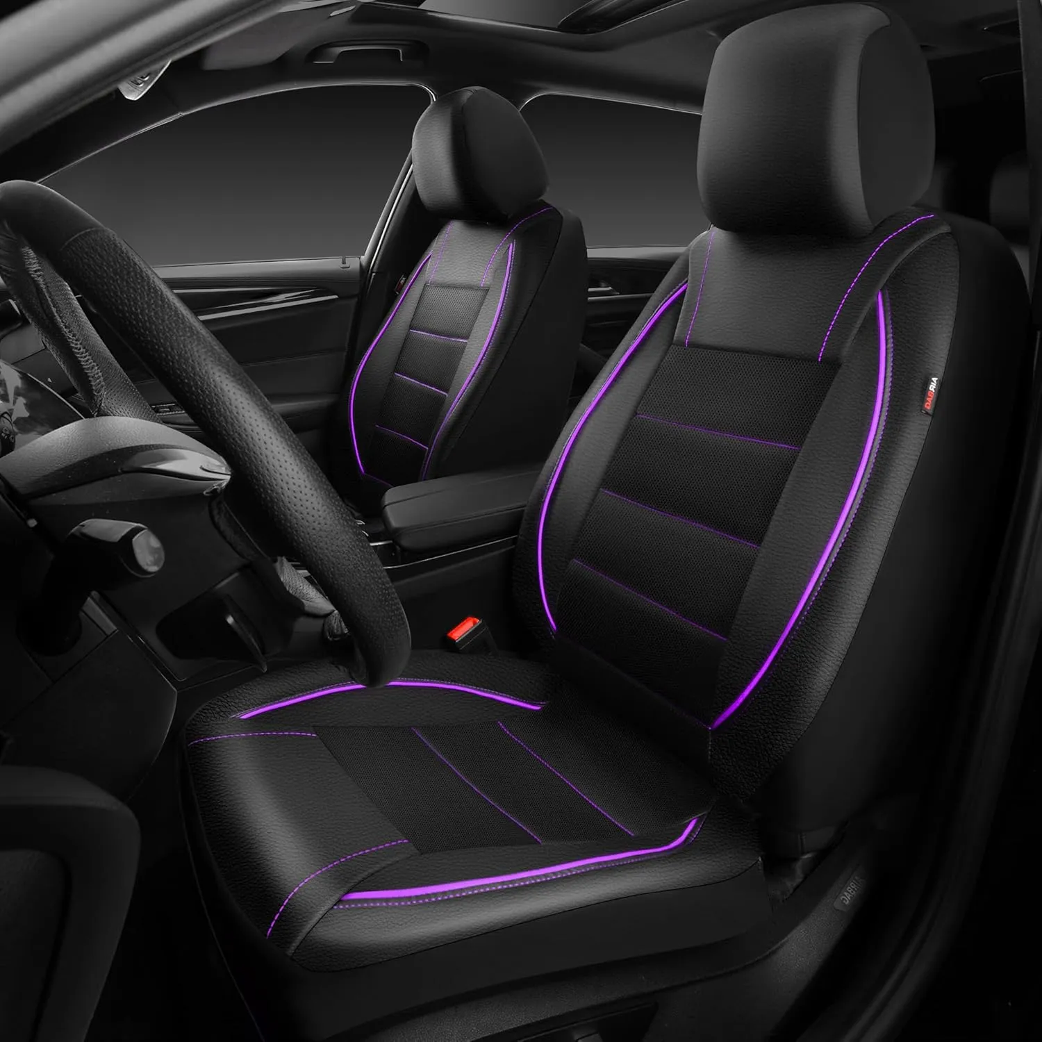 CAR PASS Universal FIT Piping Leather Two Front Seat Covers, Waterproof Faux Leather for SUV Sedan Van Truck, Airbag Compatible,Reserved Opening Holes for Headrest Covers(Black and Purple)