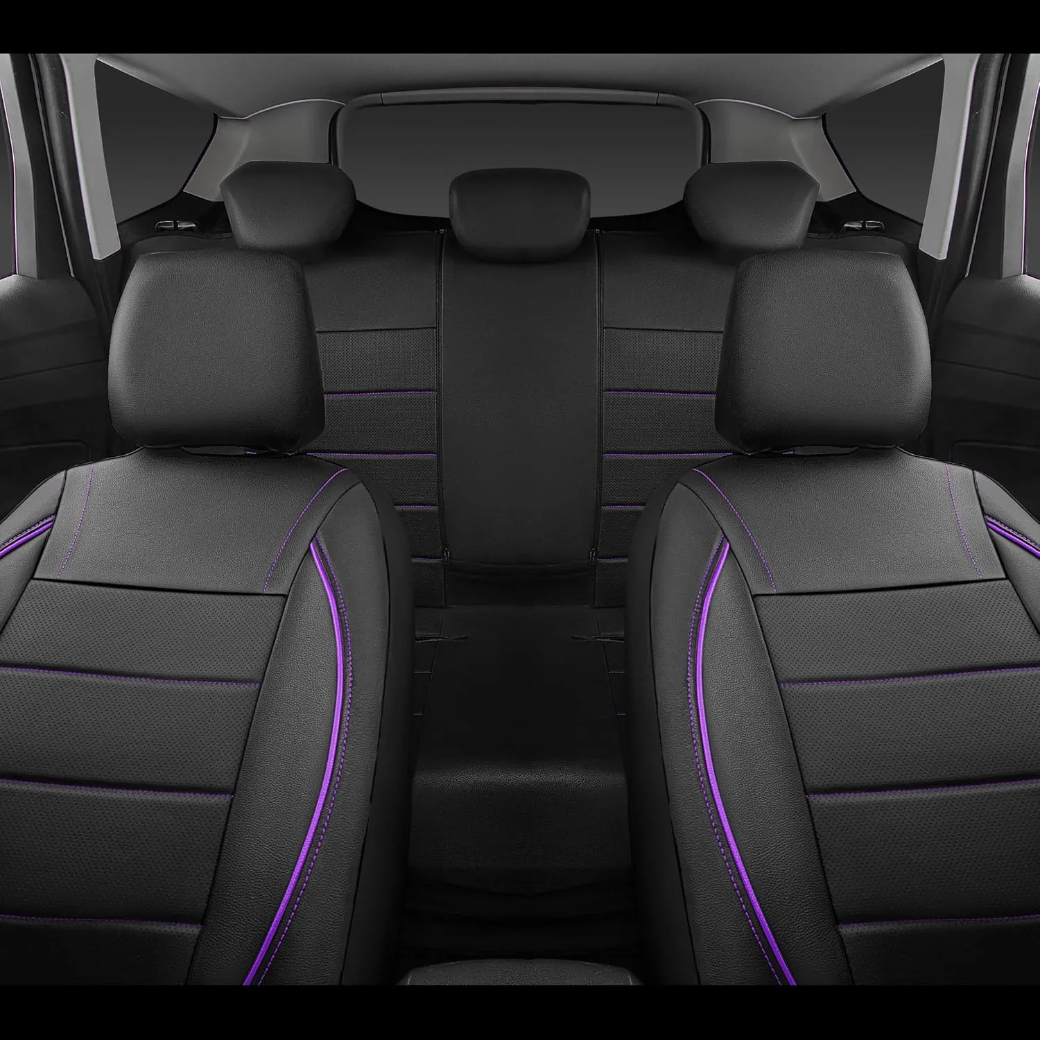 CAR PASS Universal FIT Piping Leather Two Front Seat Covers, Waterproof Faux Leather for SUV Sedan Van Truck, Airbag Compatible,Reserved Opening Holes for Headrest Covers(Black and Purple)