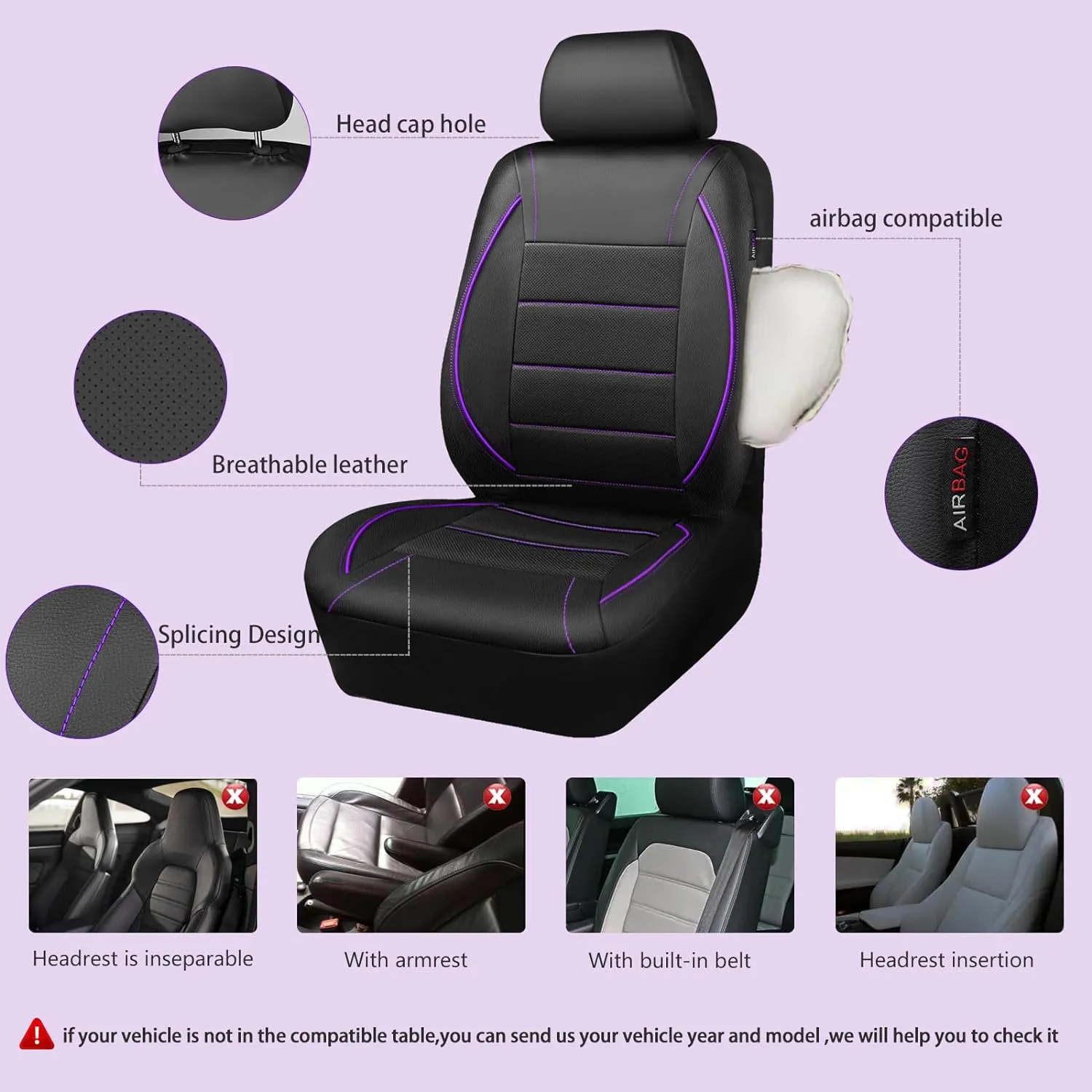 CAR PASS Universal FIT Piping Leather Two Front Seat Covers, Waterproof Faux Leather for SUV Sedan Van Truck, Airbag Compatible,Reserved Opening Holes for Headrest Covers(Black and Purple)