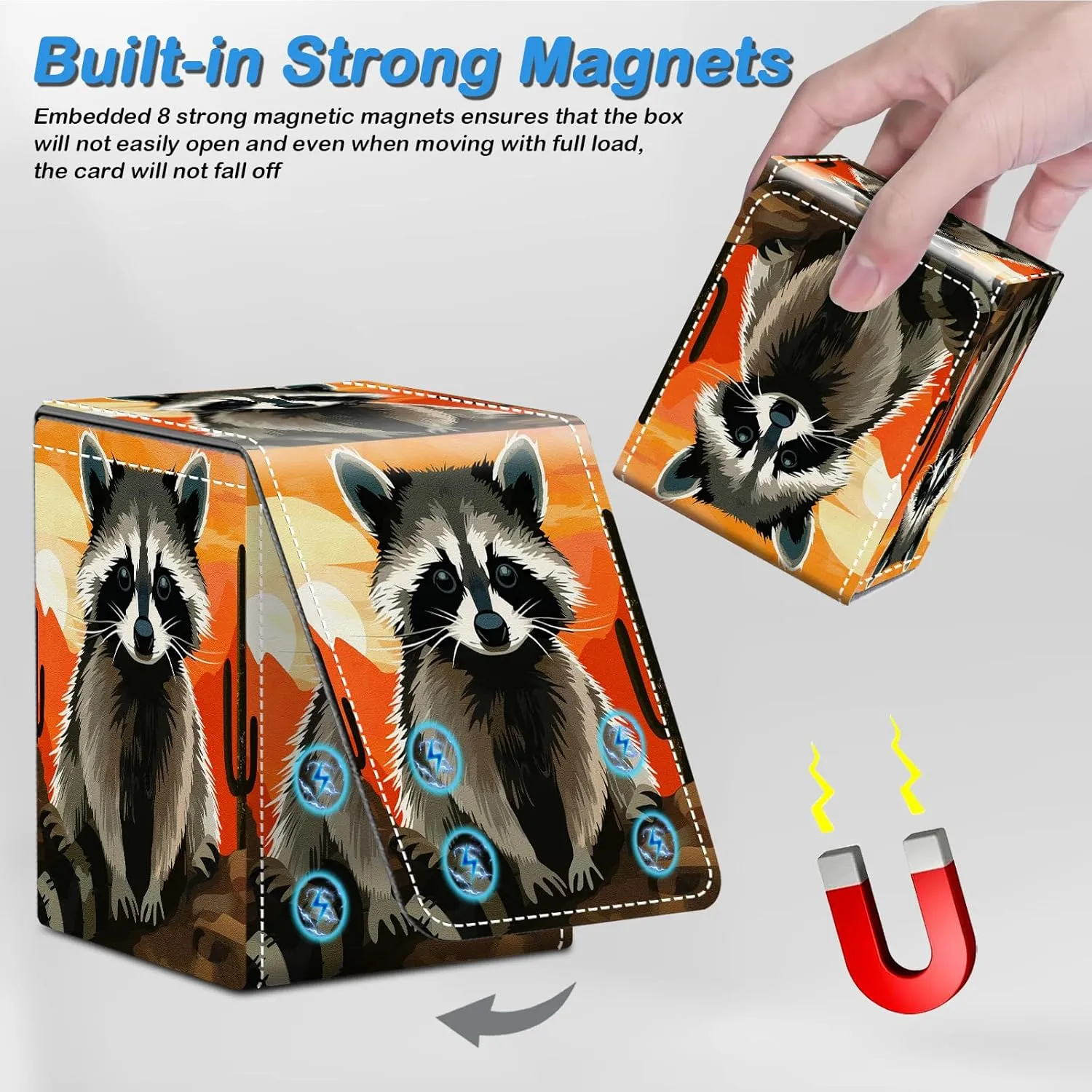 Card Deck Box for MTG Commander Trading Cards with Magnetic Closure,Premium Card Storage Box Case Cover for MTG TCG CCG Magic Cards,Cute Raccoon Cactus