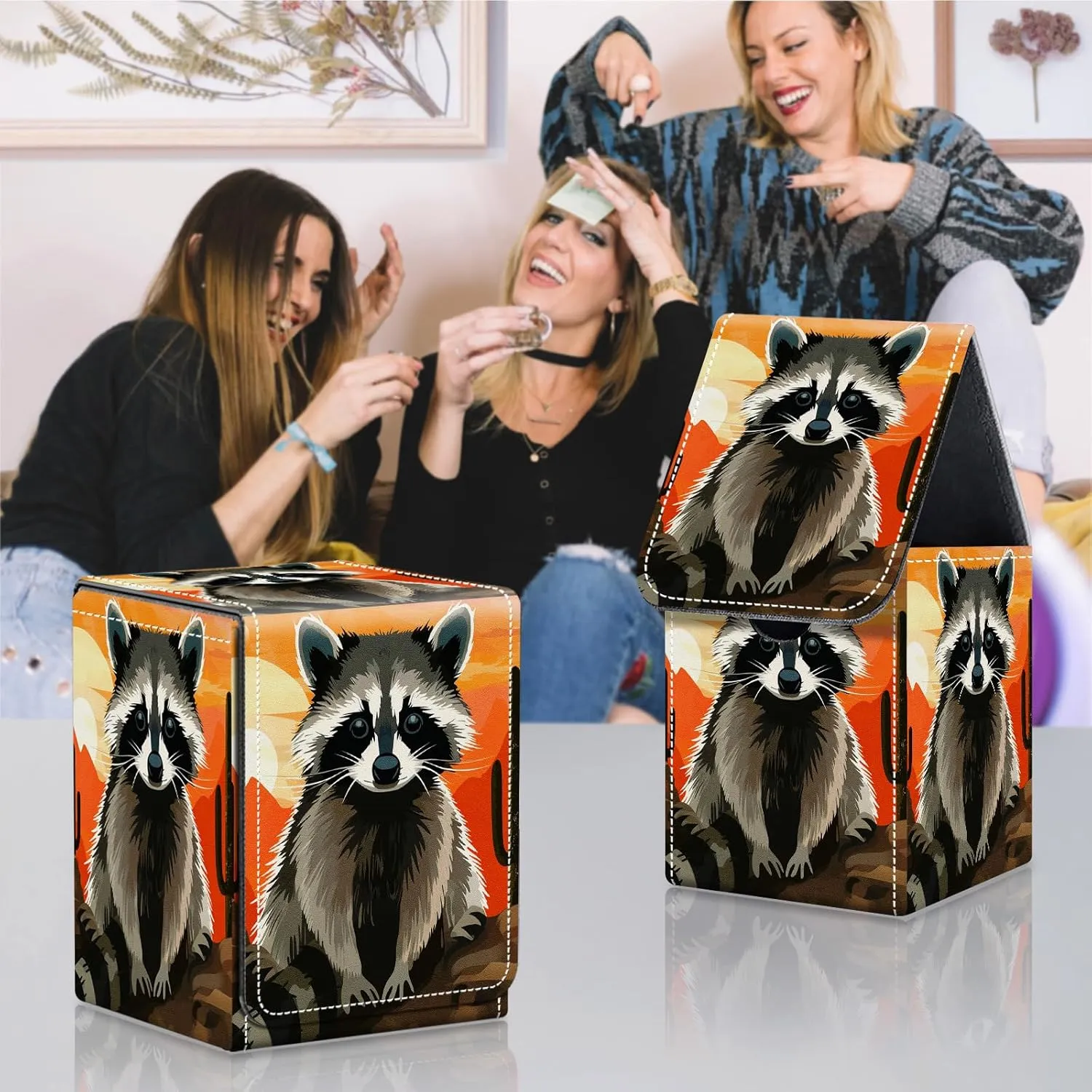 Card Deck Box for MTG Commander Trading Cards with Magnetic Closure,Premium Card Storage Box Case Cover for MTG TCG CCG Magic Cards,Cute Raccoon Cactus