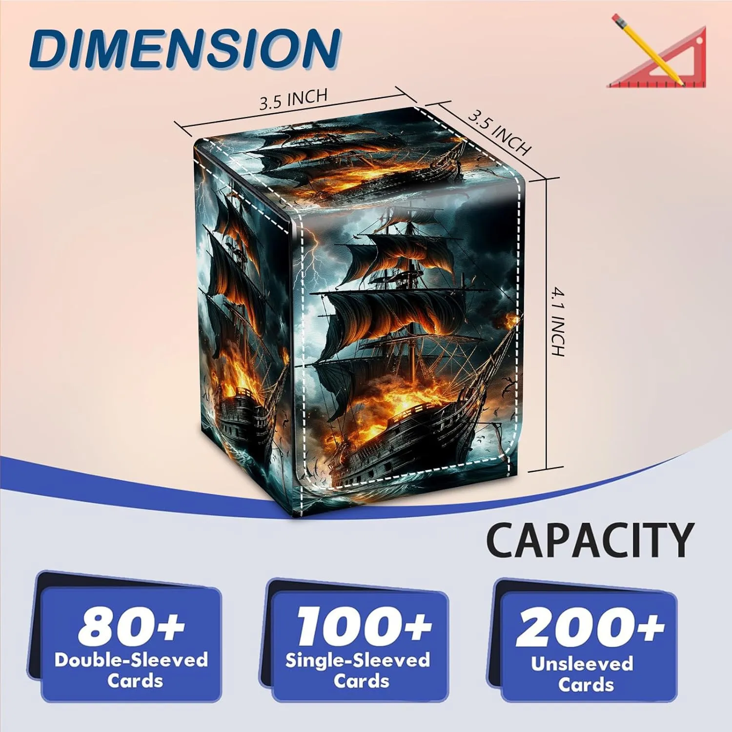 Card Deck Box for MTG Commander Trading Cards with Magnetic Closure,Premium Card Storage Box Case Cover for MTG TCG CCG Magic Cards,Pirate Ship Fire