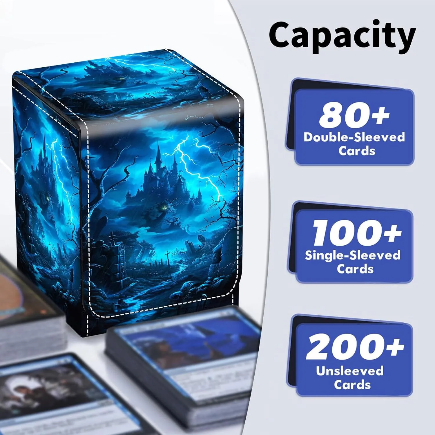 Card Deck Box for Trading Cards, MTG Deck Box Fits 100  Single Sleeved Cards, PU Leather Strong Magnet Card Deck Case Holder for Magic Commander TCG CCG, Dark Castle