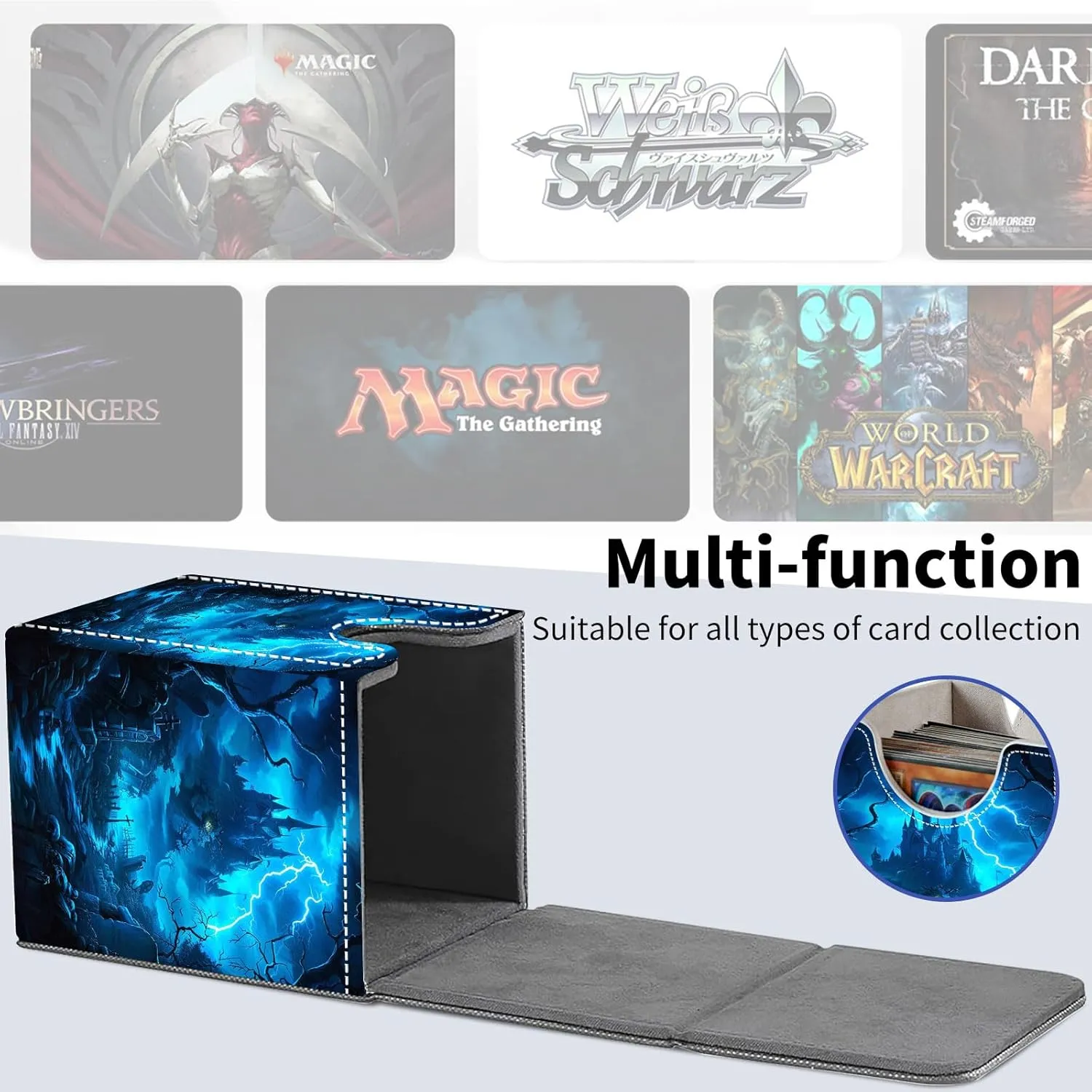 Card Deck Box for Trading Cards, MTG Deck Box Fits 100  Single Sleeved Cards, PU Leather Strong Magnet Card Deck Case Holder for Magic Commander TCG CCG, Dark Castle