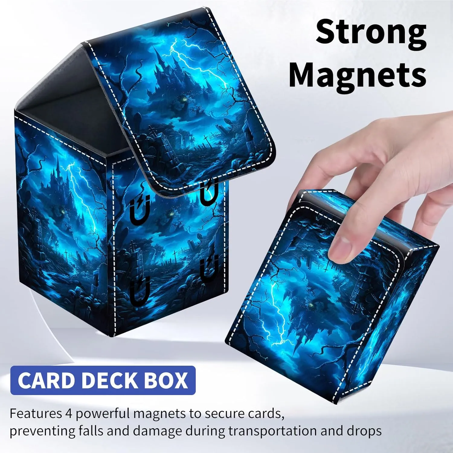 Card Deck Box for Trading Cards, MTG Deck Box Fits 100  Single Sleeved Cards, PU Leather Strong Magnet Card Deck Case Holder for Magic Commander TCG CCG, Dark Castle
