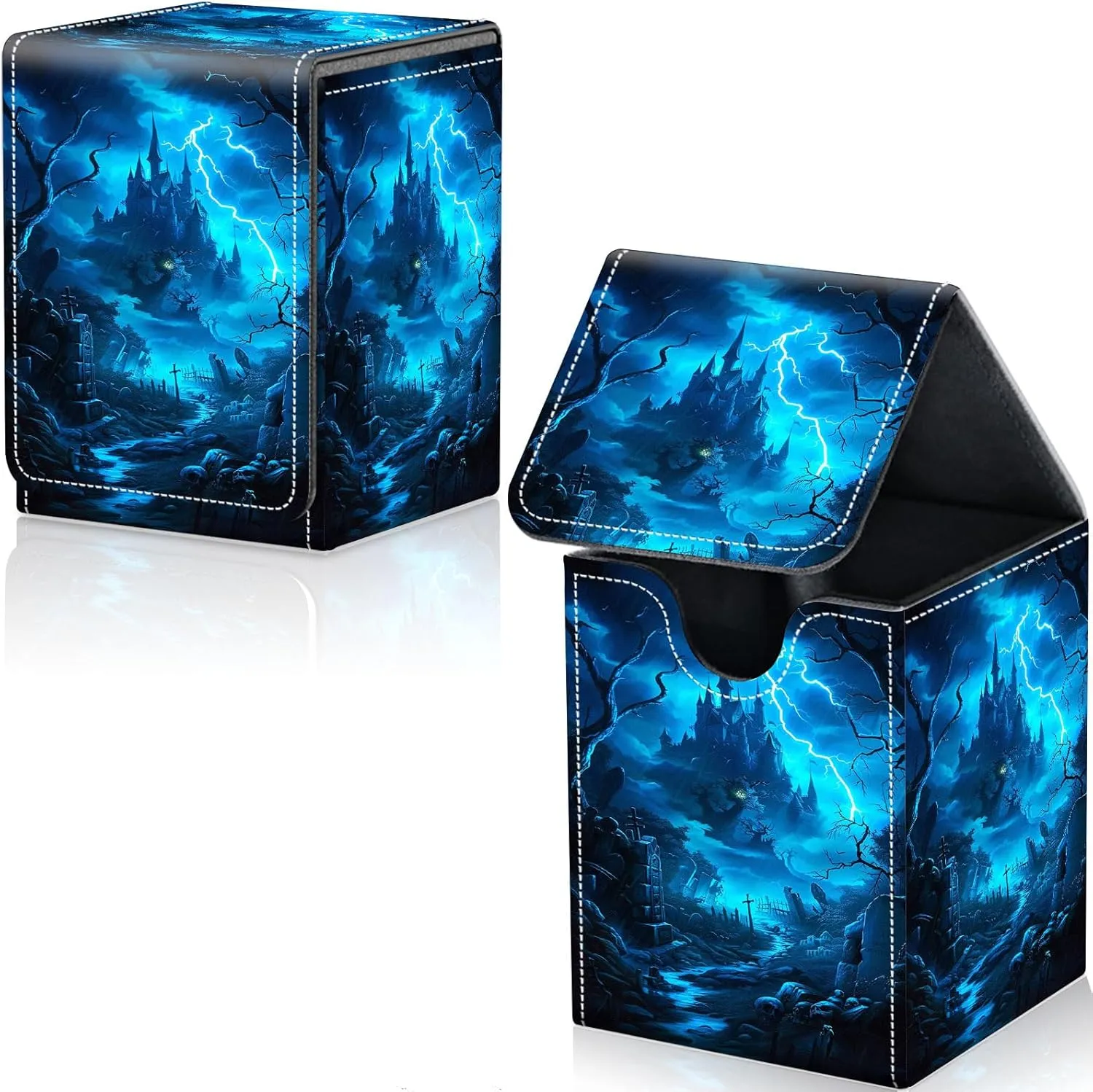 Card Deck Box for Trading Cards, MTG Deck Box Fits 100  Single Sleeved Cards, PU Leather Strong Magnet Card Deck Case Holder for Magic Commander TCG CCG, Dark Castle