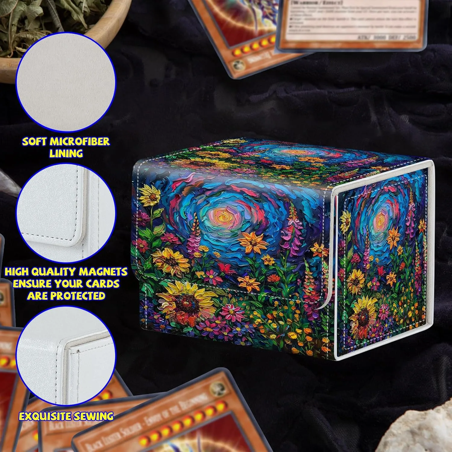 Card Deck Box Plus 100 Counts Black Card Sleeves, Oil Painting Flower Garden for Collectible MTG TCG CCG Card Storage Box Horizontal Holds 100  Single Sleeved Cards, Magic Game Cards Organizer