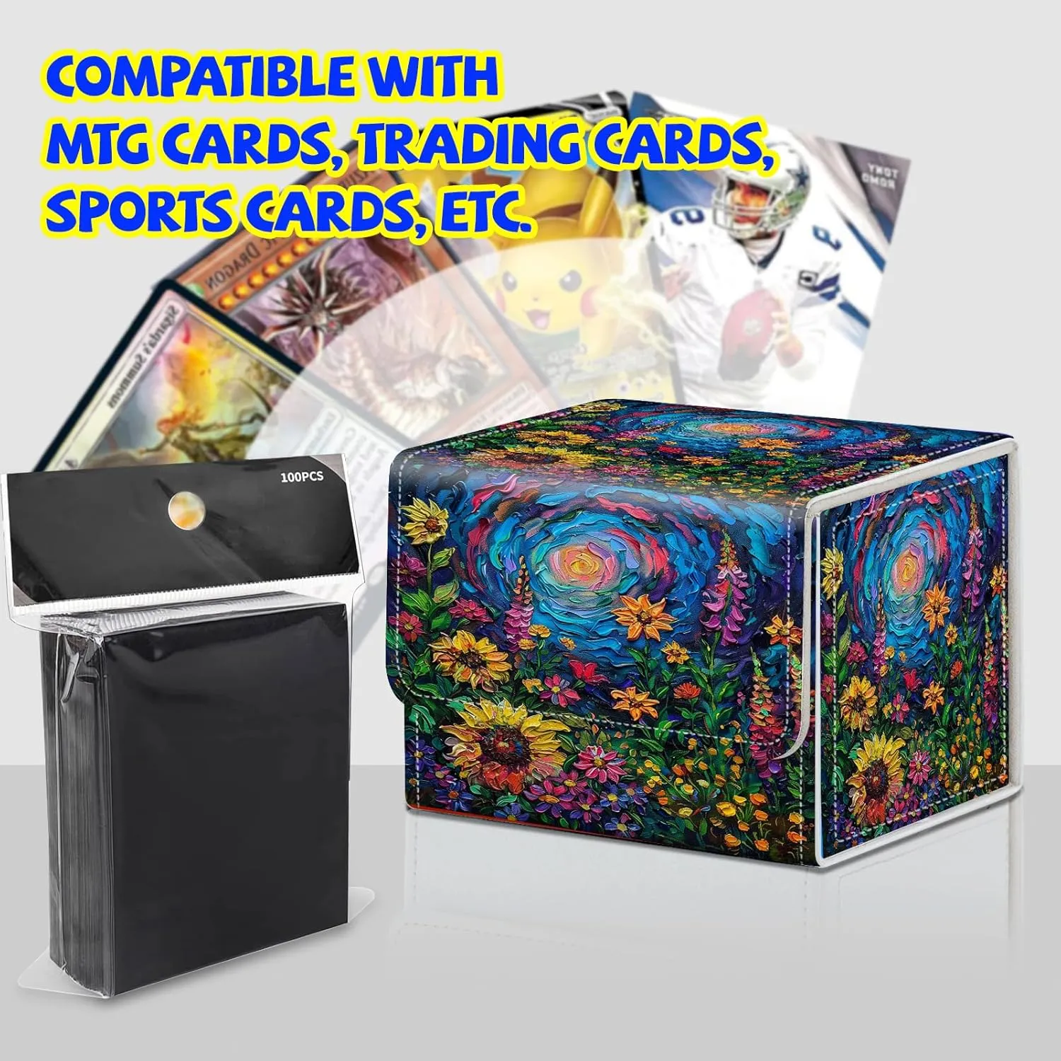 Card Deck Box Plus 100 Counts Black Card Sleeves, Oil Painting Flower Garden for Collectible MTG TCG CCG Card Storage Box Horizontal Holds 100  Single Sleeved Cards, Magic Game Cards Organizer