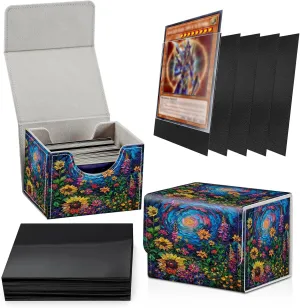 Card Deck Box Plus 100 Counts Black Card Sleeves, Oil Painting Flower Garden for Collectible MTG TCG CCG Card Storage Box Horizontal Holds 100  Single Sleeved Cards, Magic Game Cards Organizer