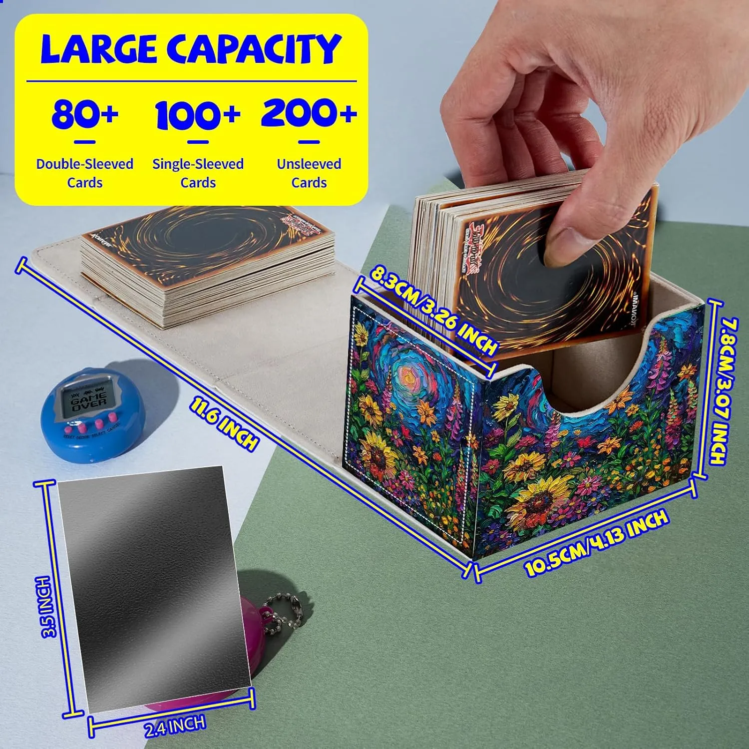 Card Deck Box Plus 100 Counts Black Card Sleeves, Oil Painting Flower Garden for Collectible MTG TCG CCG Card Storage Box Horizontal Holds 100  Single Sleeved Cards, Magic Game Cards Organizer