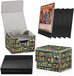 Card Deck Box Plus 100 Counts Black Card Sleeves, Retro Library Flowers for Collectible MTG TCG CCG Card Storage Box Horizontal Holds 100  Single Sleeved Cards, Magic Game Cards Organizer
